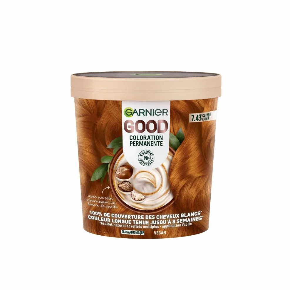 Garnier Coloration Permanente Sans Ammoniaque 90% Ingrédients Naturels Vegan Beurre de Karité 100% Couverture Cheveux Blancs Cuivré Épicé 7.43