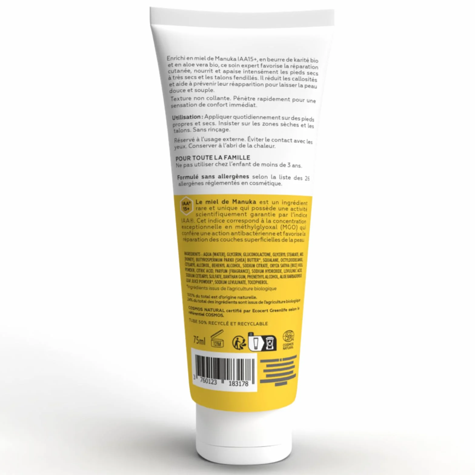 CicaManuka Crème pieds réparatrice au miel de Manuka IAA15+ 75ml Cosmos Natural