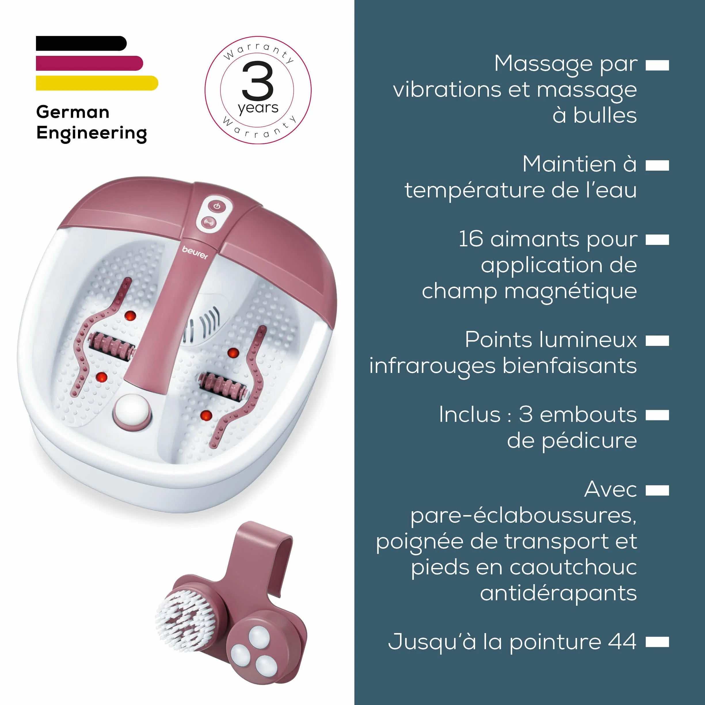 Beurer FB 35 bain de pied massage vibrations bulles 3 embouts pédicure interchangeables maintien température aromathérapie pointure 44