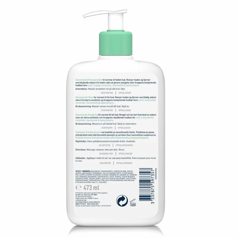 CeraVe Gel Moussant Nettoyant Visage 473 ml Acide Hyaluronique Céramides Niacinamide Peau Normales à Grasses