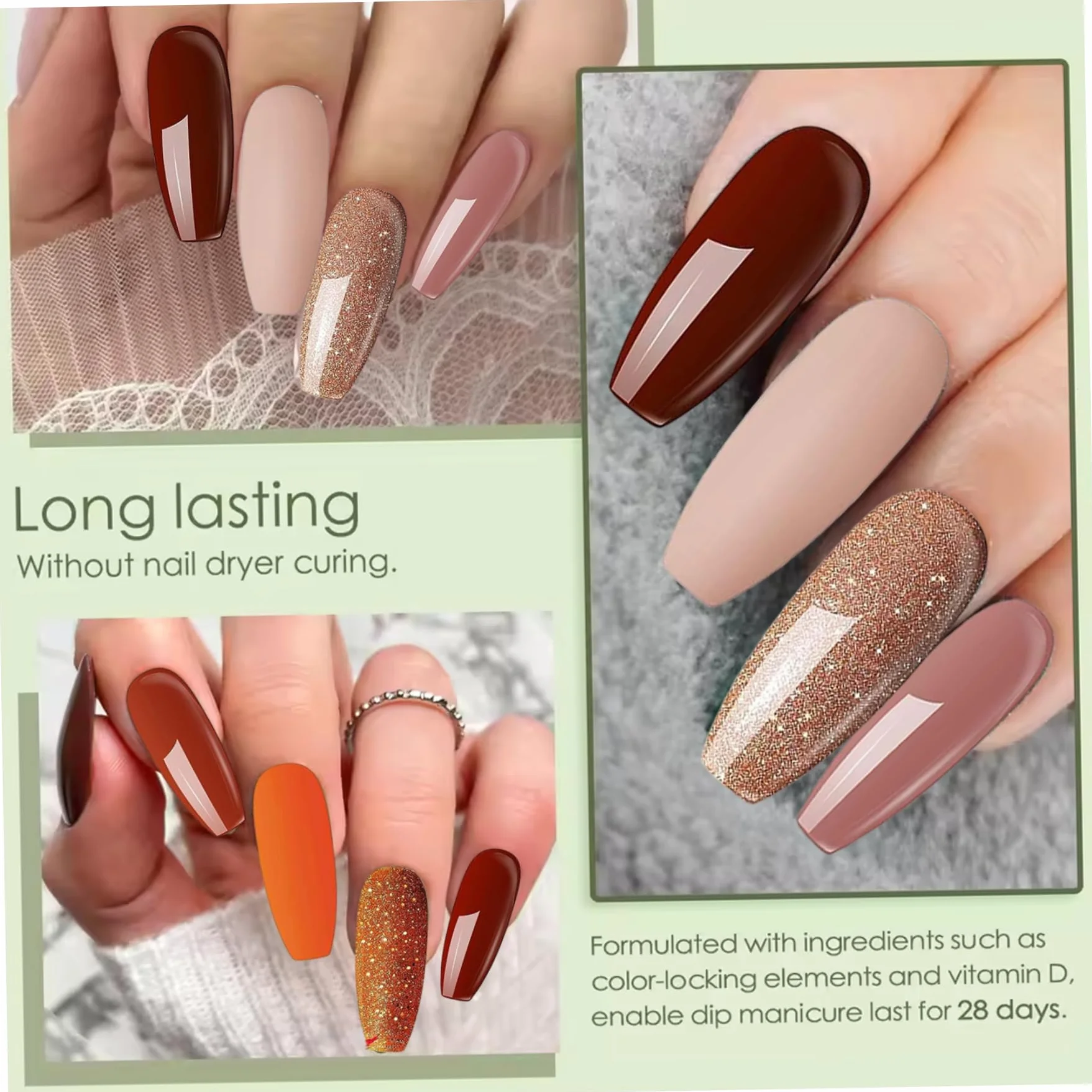 Kit de poudre de trempage pour ongles 10 pièces, 4 couleurs avec activateur base/couche finition, marron