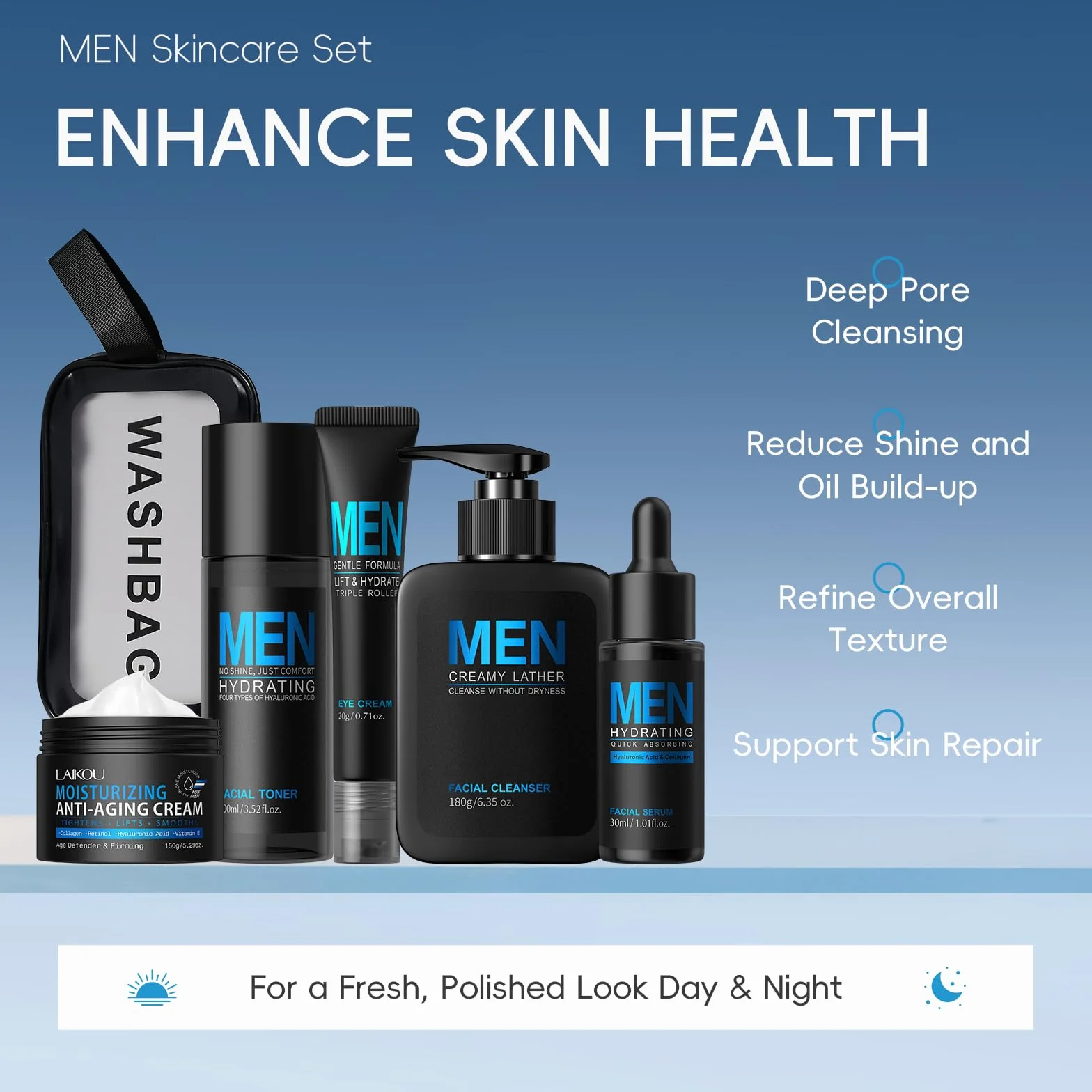 Coffret Soin Visage Homme, 5 pièces Skincare Set Men, pour Hydratant Anti-Âge Anti-Brillance, Kit Soin Visage Homme Cadeau avce Nettoyant Lotion Visage Yeux Crème Sac de Rangement