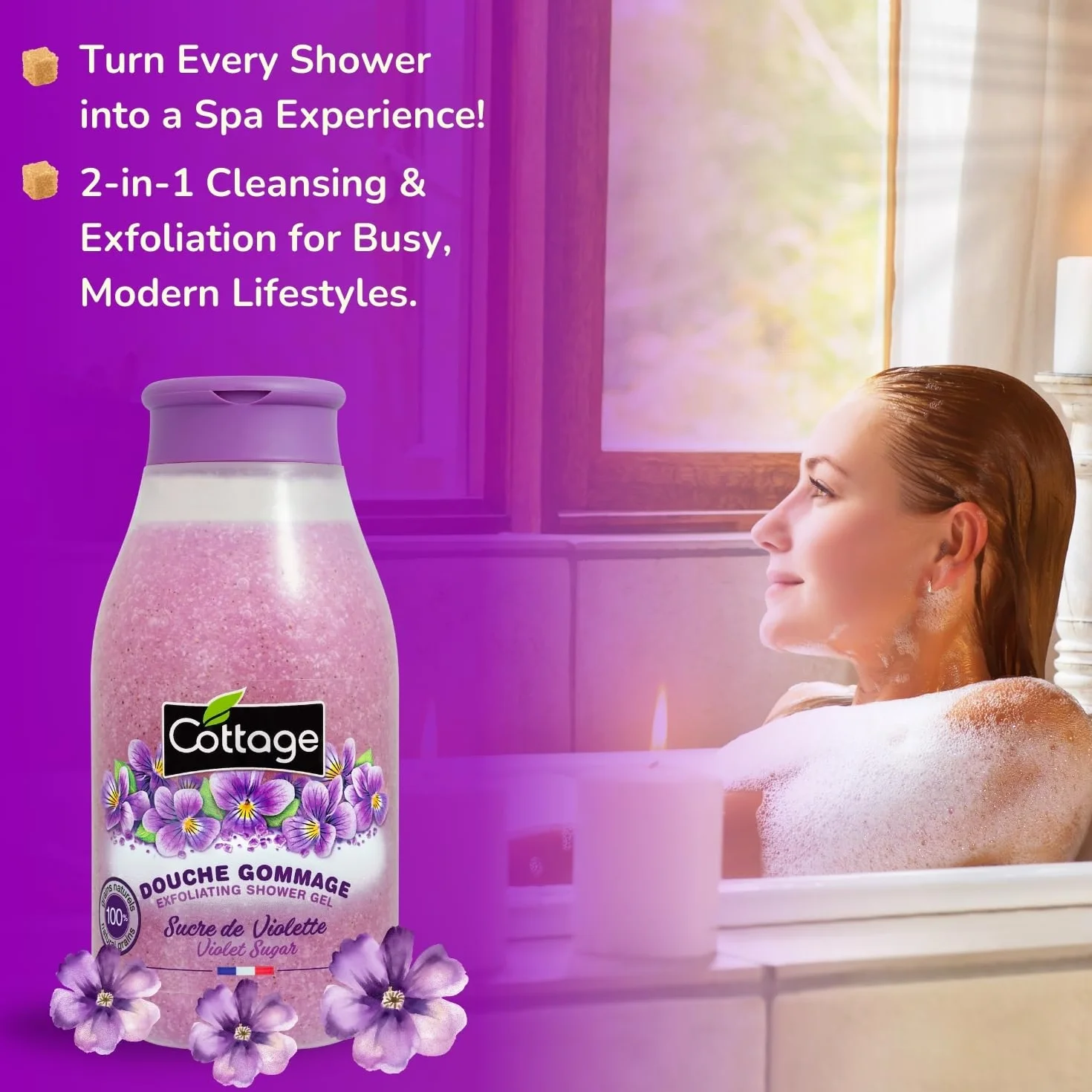 Cottage Douche Gommage Sucre de Violette Grains Exfoliants 100% Naturels