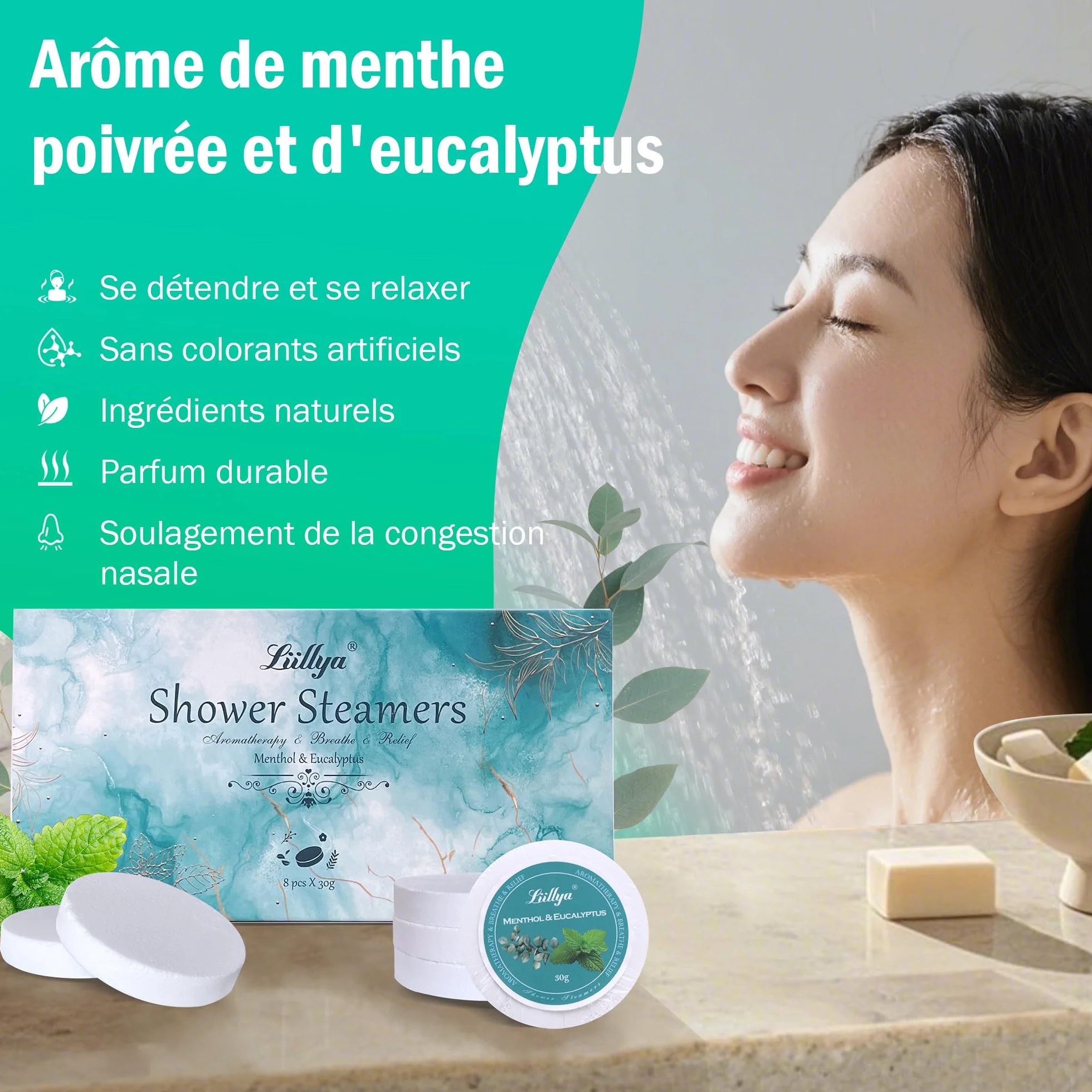 Bombe de Douche d'Aromathérapie Menthe & Eucalyptus, Lot de 8 Vapeur de Douche aux Huiles Essentielles
