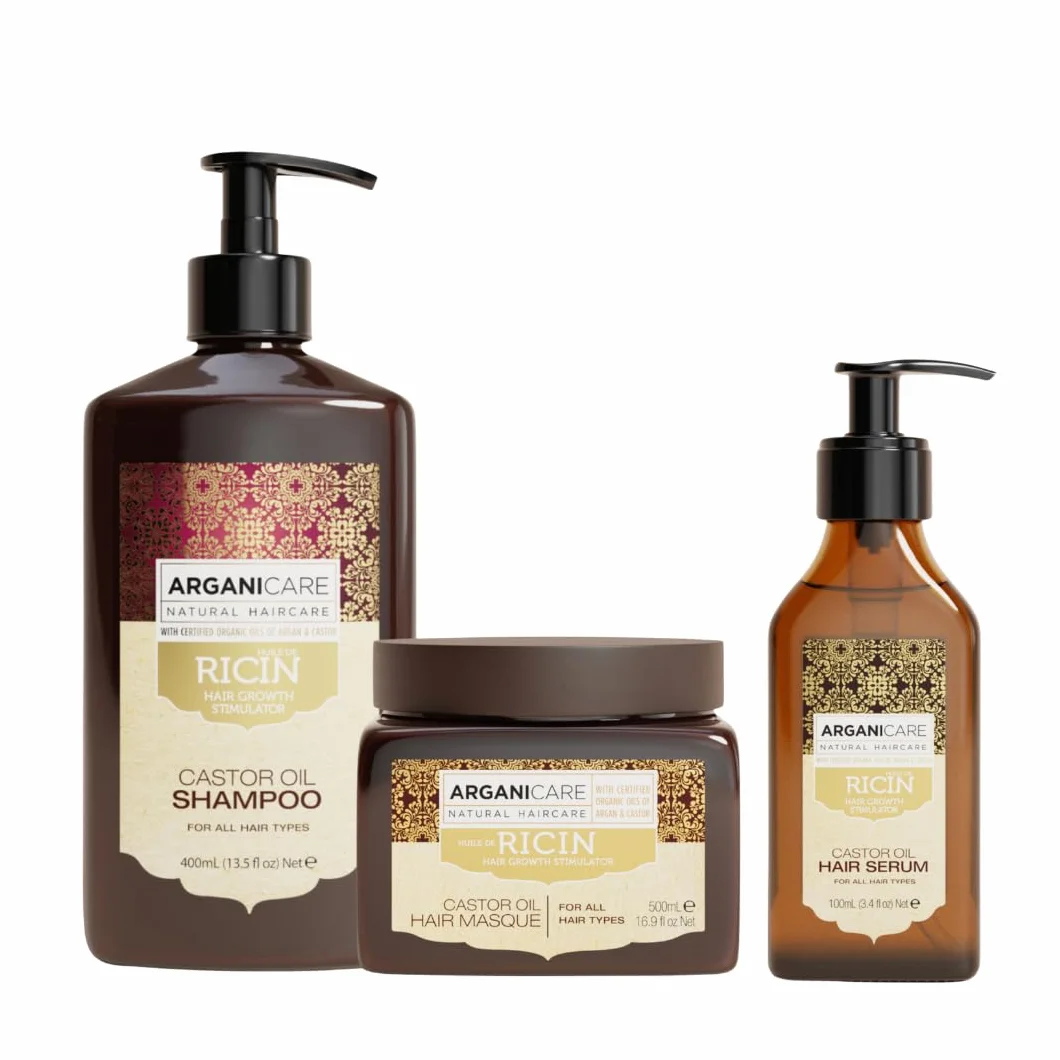 ARGANICARE Coffret Ricin Bio Shampoing 400 ml + Masque Réparateur XXL 500 ml + Sérum 100 ml, routine 3-en-1 accélérateur de croissance, apaise le cuir chevelu, nourrit et renforce