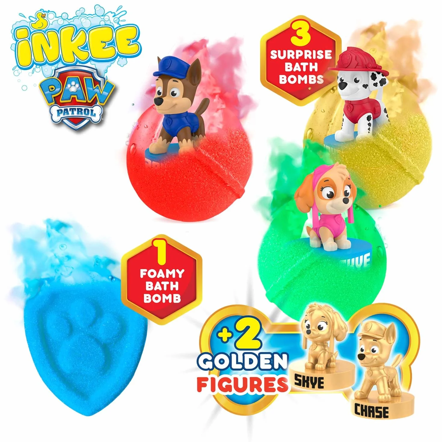 INKEE Coffret de bain PAT PATROUILLE - Set de bain avec 4 boules de bain et 5 figurines Pat Patrouille, Bombes de bain surprise parfumées à l'huile d'amande douce