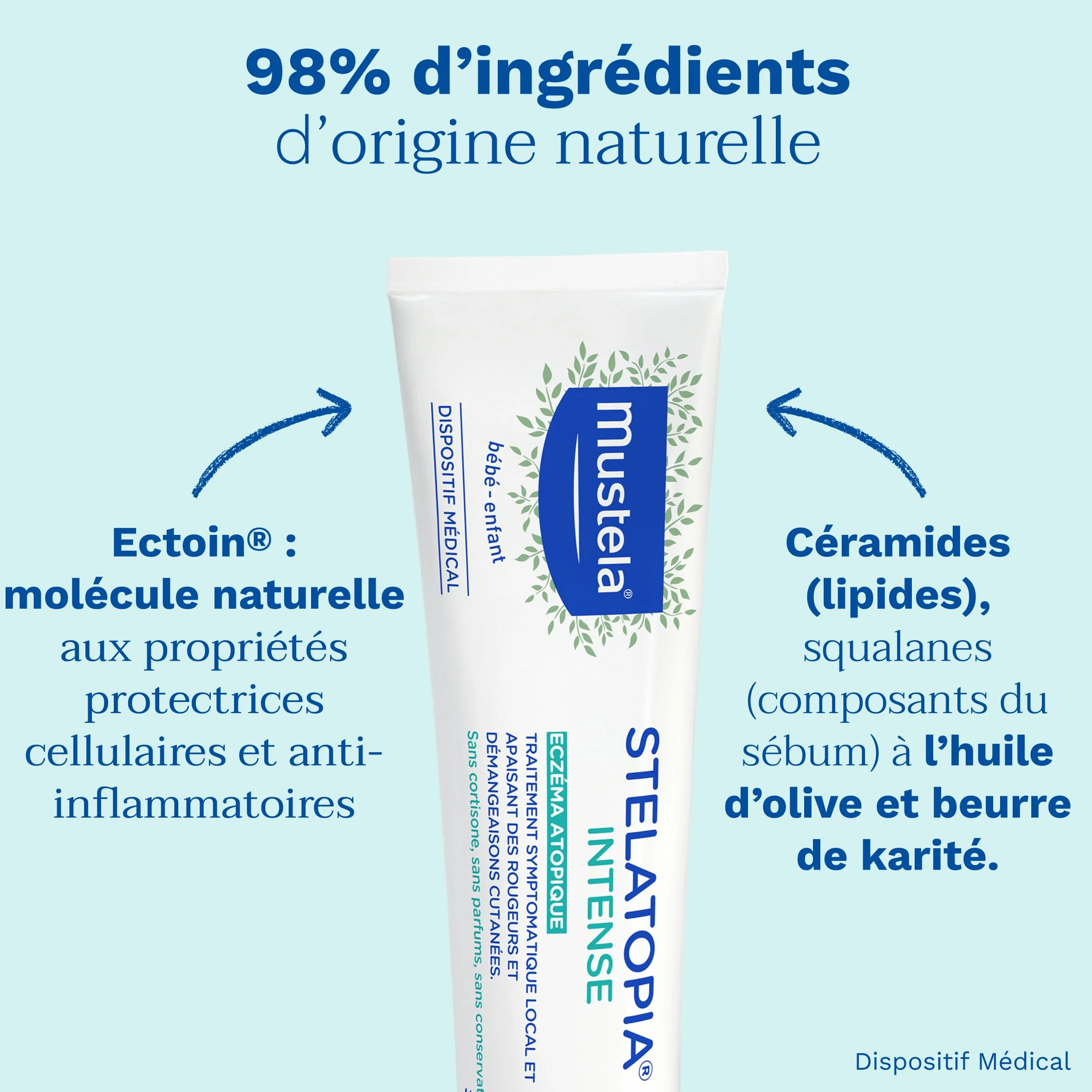 Mustela Stelatopia Intense Crème Eczéma Atopique Soin Corps Apaisant sans Cortisone Ectoin Céramides Huile d'Olive Peau Atopique Sans Parfum