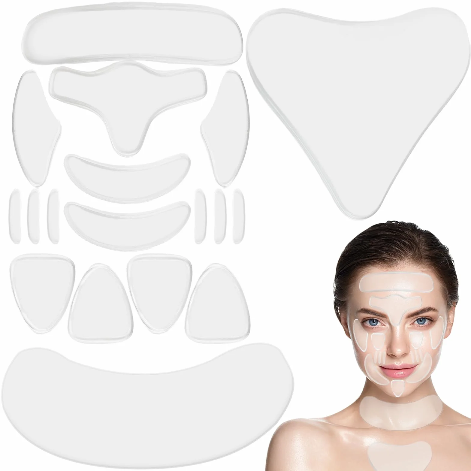 Lot de 18 patchs anti-rides réutilisables en silicone pour visage et cou