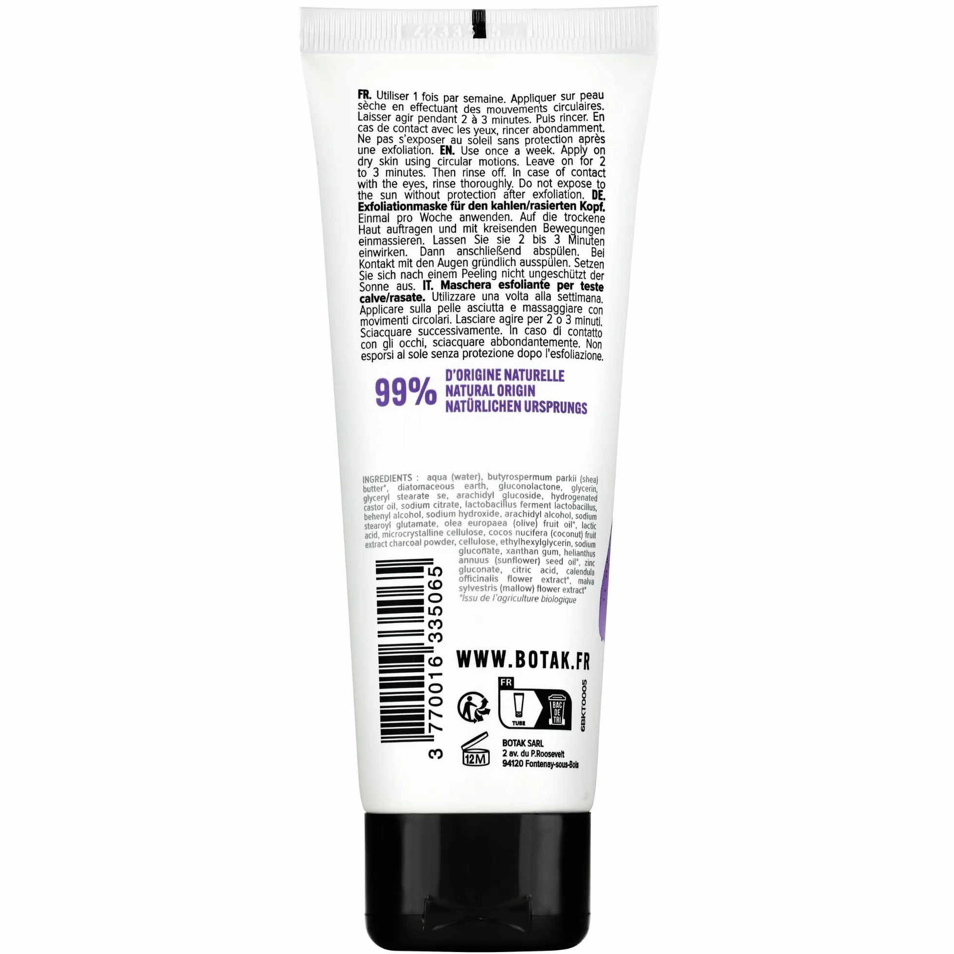 Masque Exfoliant Doux et Purifiant BOTAK Crâne Rasé et Chauve, Français | 99% d’origine naturelle, Vegan, Absorbe l’excès de sébum, limite boutons et poils incarnés, Régulateur de pH et microbiote