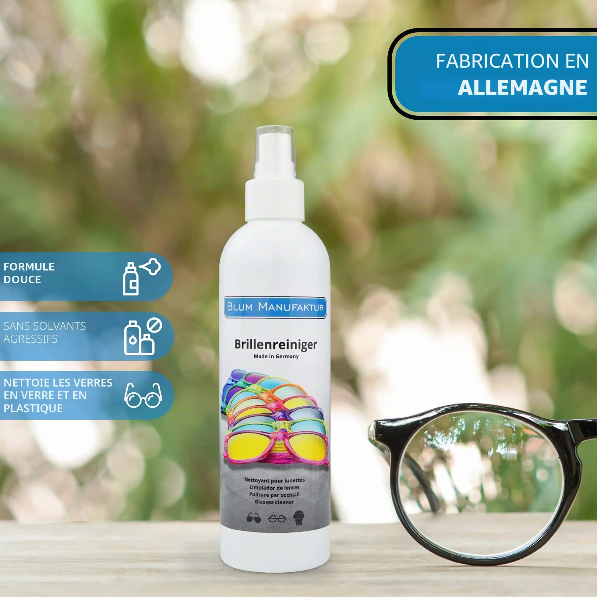 Blum Manufaktur Nettoyant pour lunettes spray 250 ml avec chiffon microfibre 30 x 30 cm