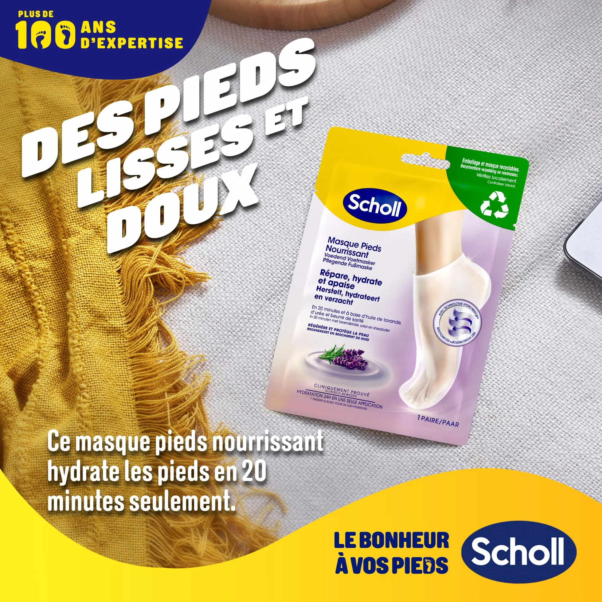 Scholl Masque Pieds Lavande Peaux Sèches - Chaussettes Soin Hydratantes 20 Minutes - 1 Paire