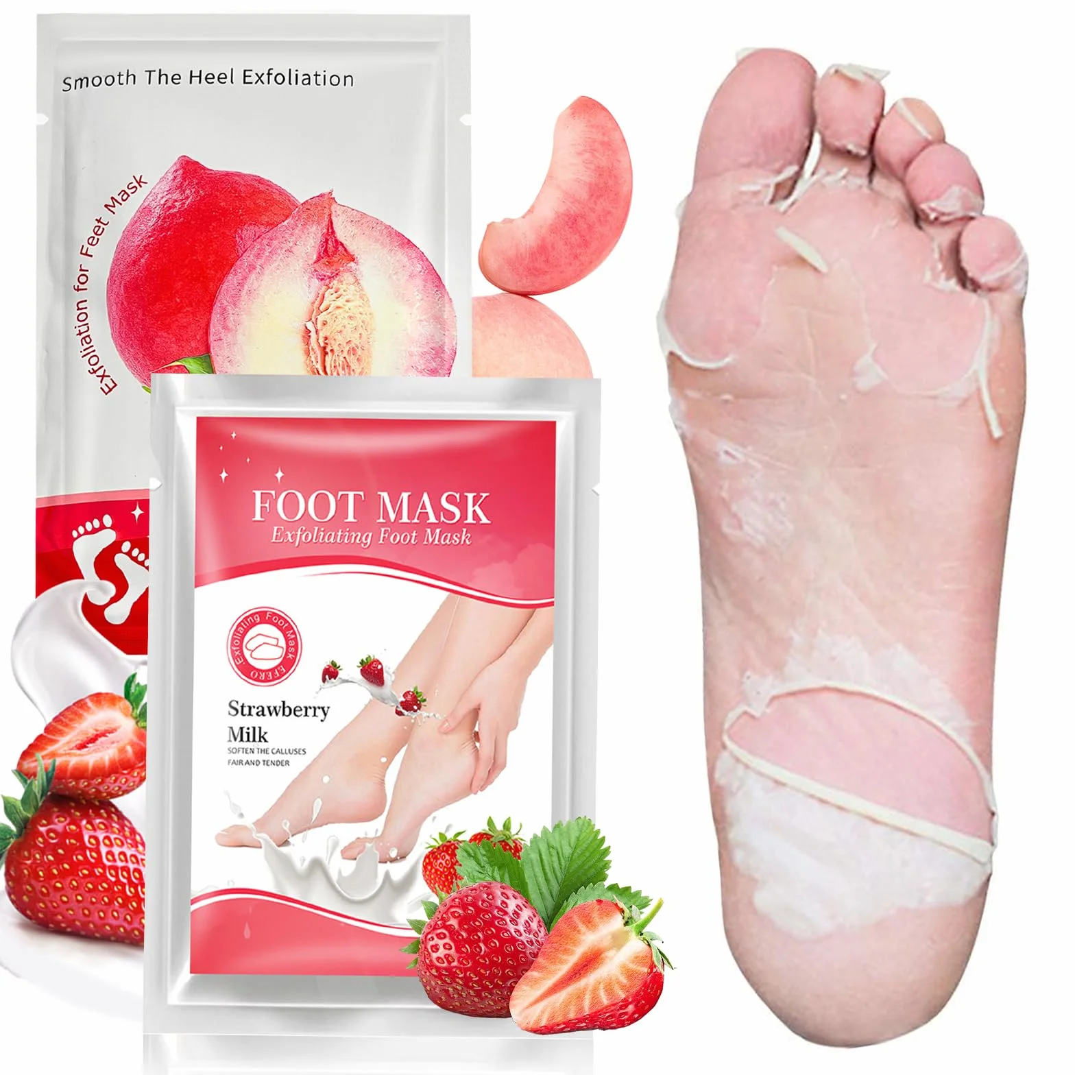 Masque Pieds Peeling Exfoliant pour Femmes & Hommes, Fraise Pêche