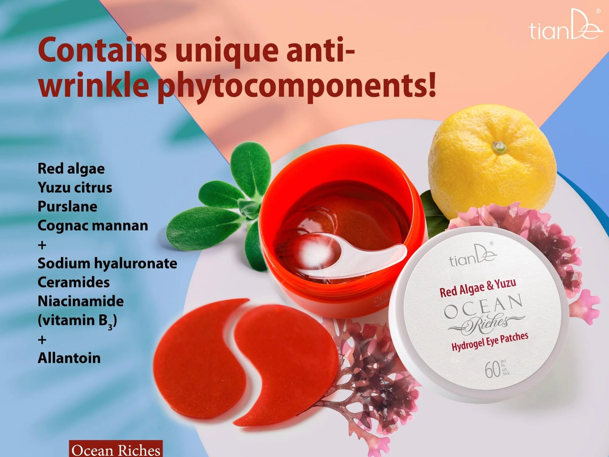 TianDe Patchs pour les yeux en hydrogel d'algues rouges et yuzu, 60 unités