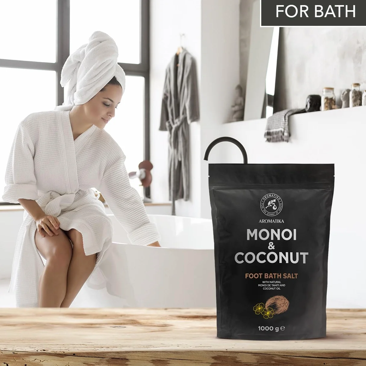 Sel de Bain pour Pieds Monoï de Tahiti & Coco 1000g - Huile de Monoï de Tahiti et Coco - Bain pour Pieds au Sel de Mer Naturel - Aromathérapie