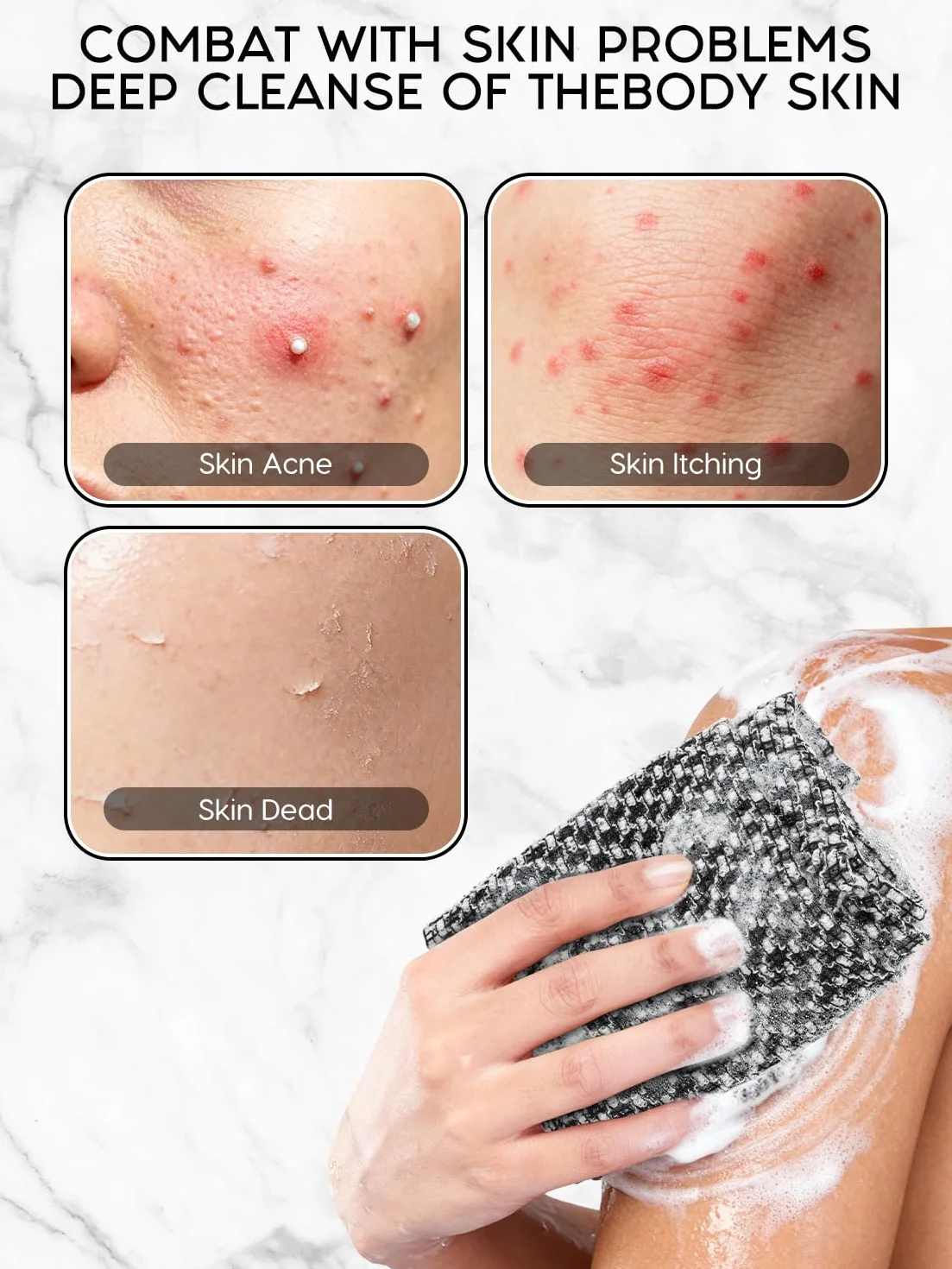 Blissal Lot de 2 serviettes de douche exfoliantes antibactériennes pour peau lisse, rose + noir