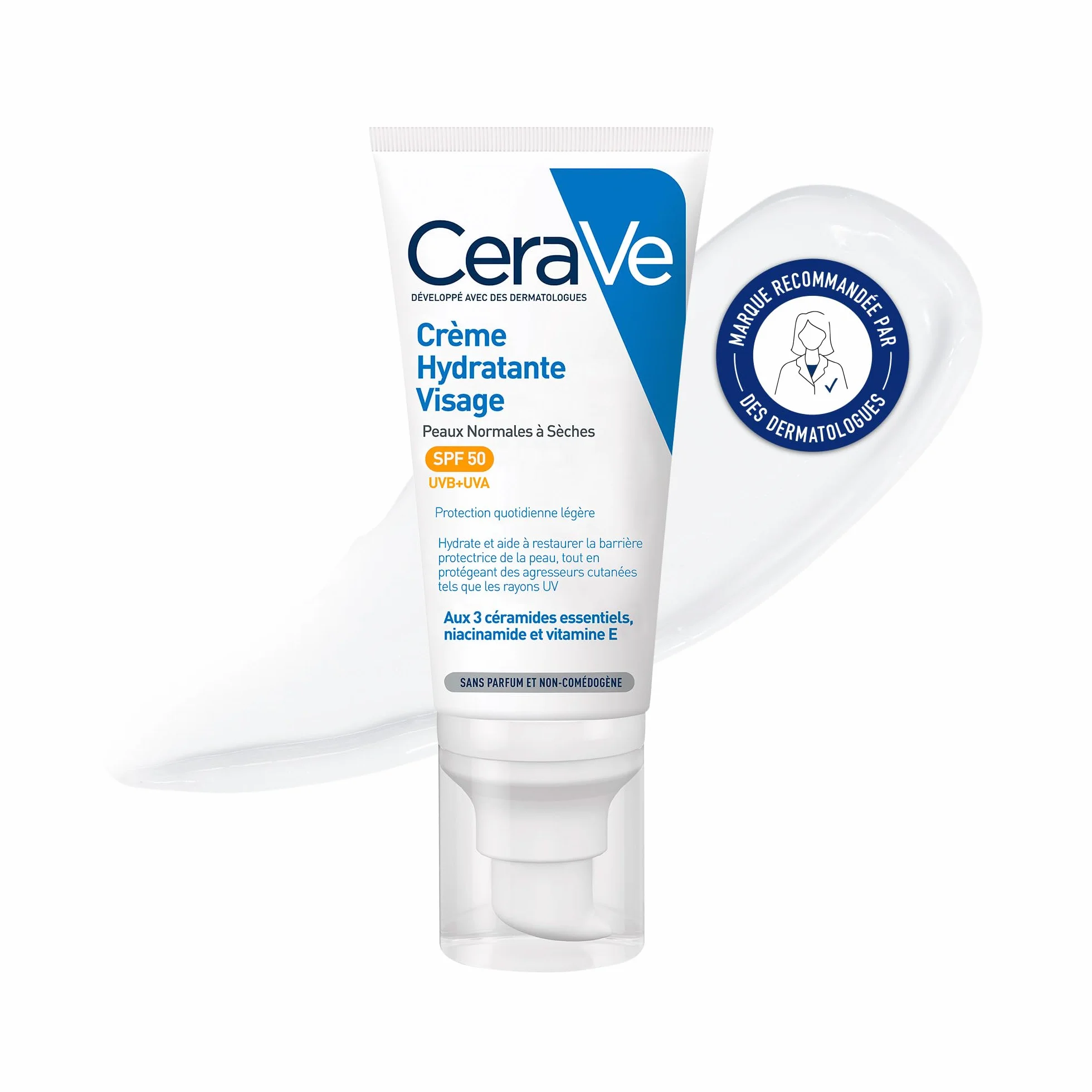 CeraVe Crème Hydratante Visage SPF50 Protection UVB UVA Acide Hyaluronique Céramide Niacinamide Vitamine E Peau Normale à Sèche 52 ml