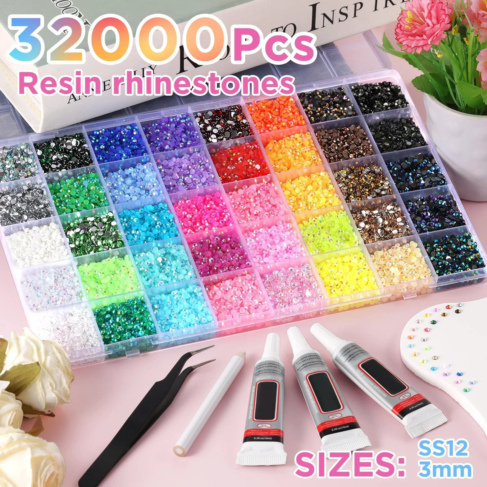 Lot de 32 000 strass en résine pour travaux manuels, 3 mm, 40 couleurs, 3 mm, kit éblouissant avec 3 pièces de colle pour vêtements, chaussures, livres et diamants