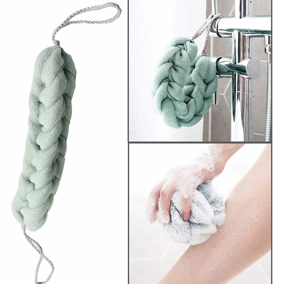 Eponge de Douche Maille 3 Pièces, Eponge de Bain Epurateur de Dos, Tresses Extensibles pour Gommage Corps
