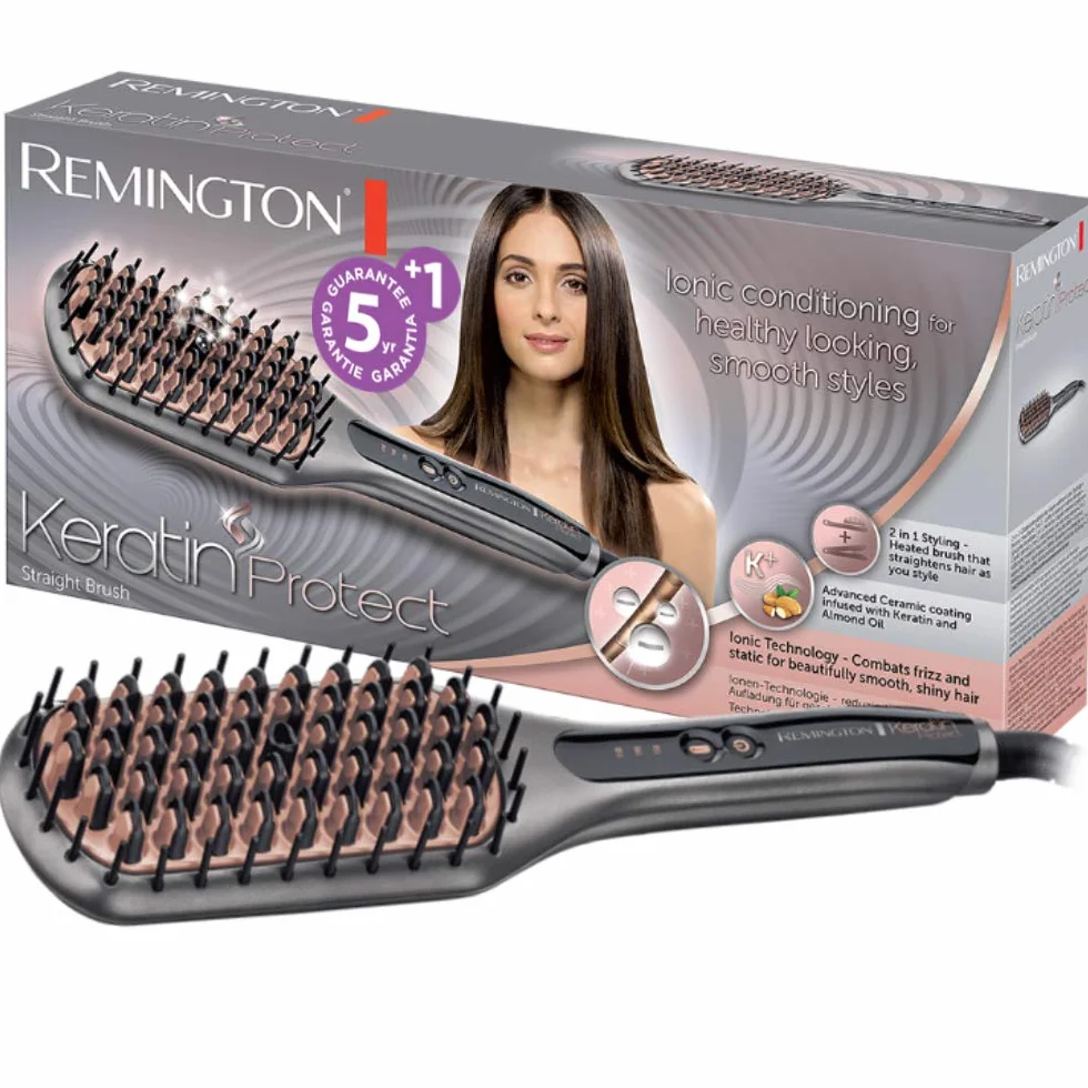 Remington Brosse Lissante Ionique 2en1 Lisseur & Brosse à Cheveux Keratin Protect Céramique 150-230° Fer à lisser CB7480