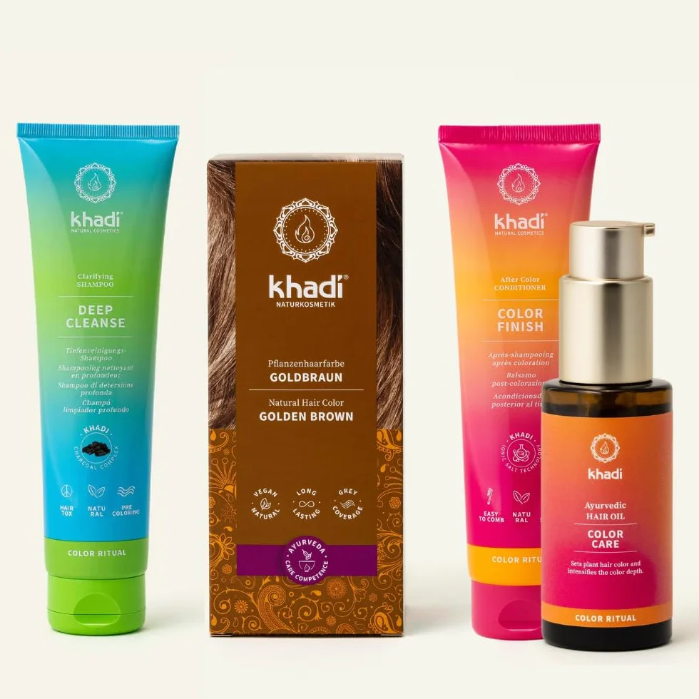 Kit complet khadi ColorCycle CHÂTAIN DORÉ Coloration de cheveux naturelle + DEEP CLEANSE Shampooing clarifiant + COLOR FINISH Après-shampooing après coloration + COLOR CARE Huile capillaire Ayurvédiqu