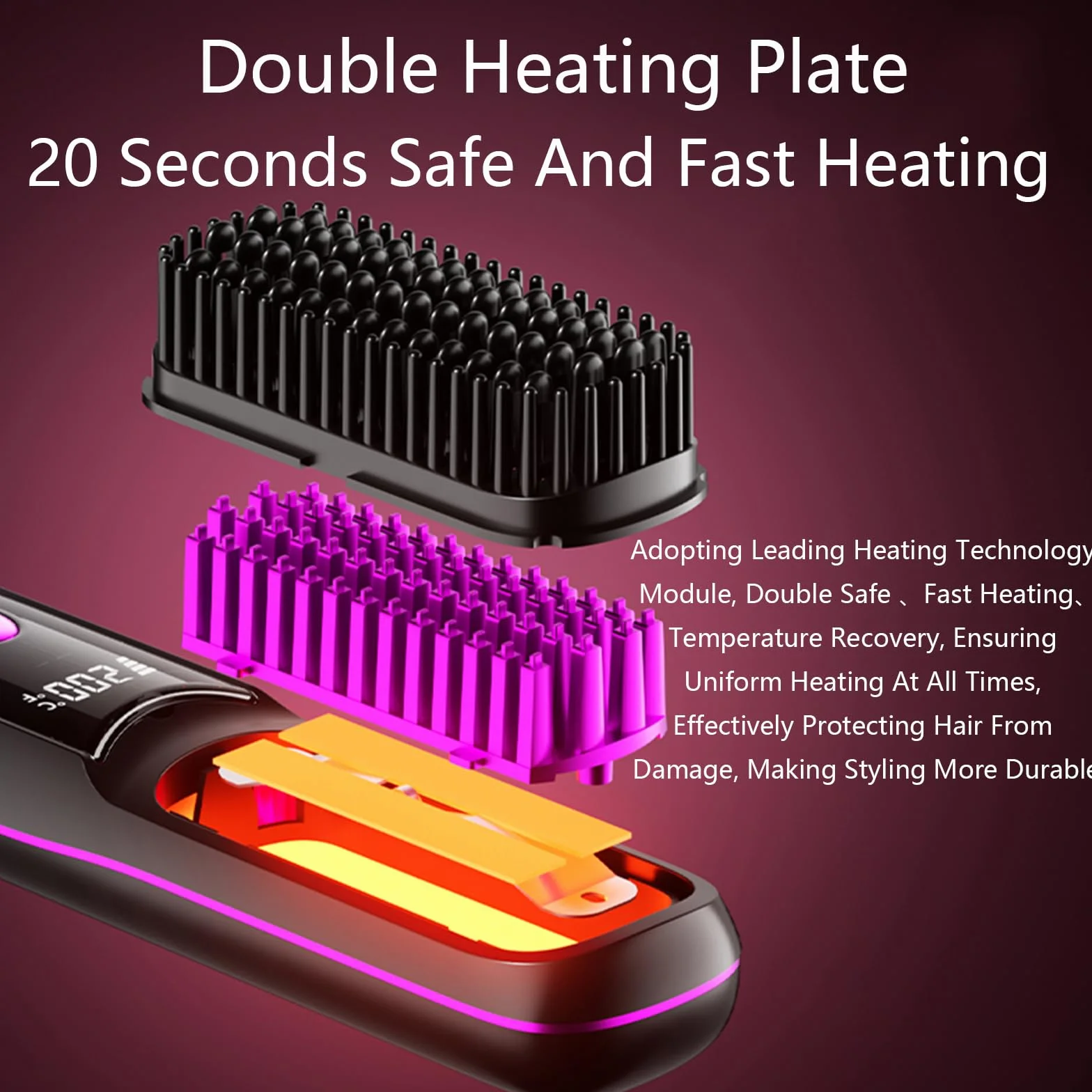 Go Brush Pro Fer à lisser – Peigne sans fil avec ion négatif, chauffage rapide 6000 mAh et design de voyage portable, brosse rechargeable pour lisser et boucler (violet, 1 pièce)