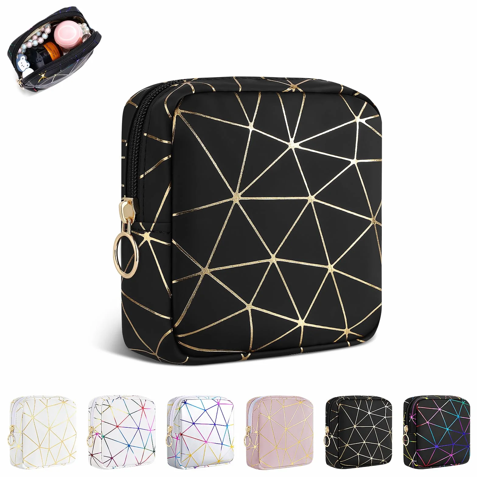Pochette Maquillage Femme Cuir Synthétique Sac Voyage Rangement Cosmétiques Mini Trousse Toilette Noir