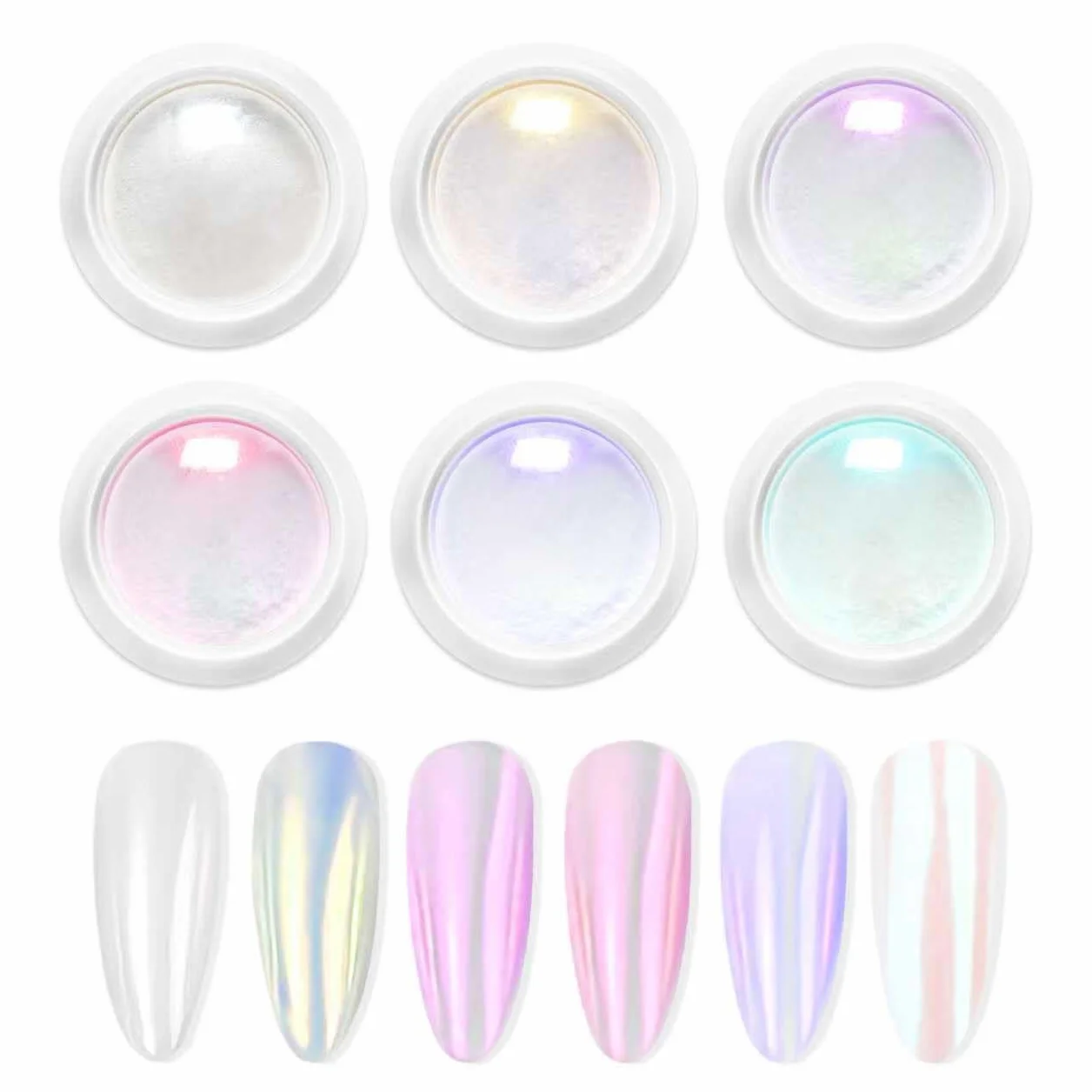 Poudre Chrome Ongle Blanc - 6 Boîtes Aurora Schimmer Poudre Ongle Effet Perle, Pigment Paillettes pour Nail Art