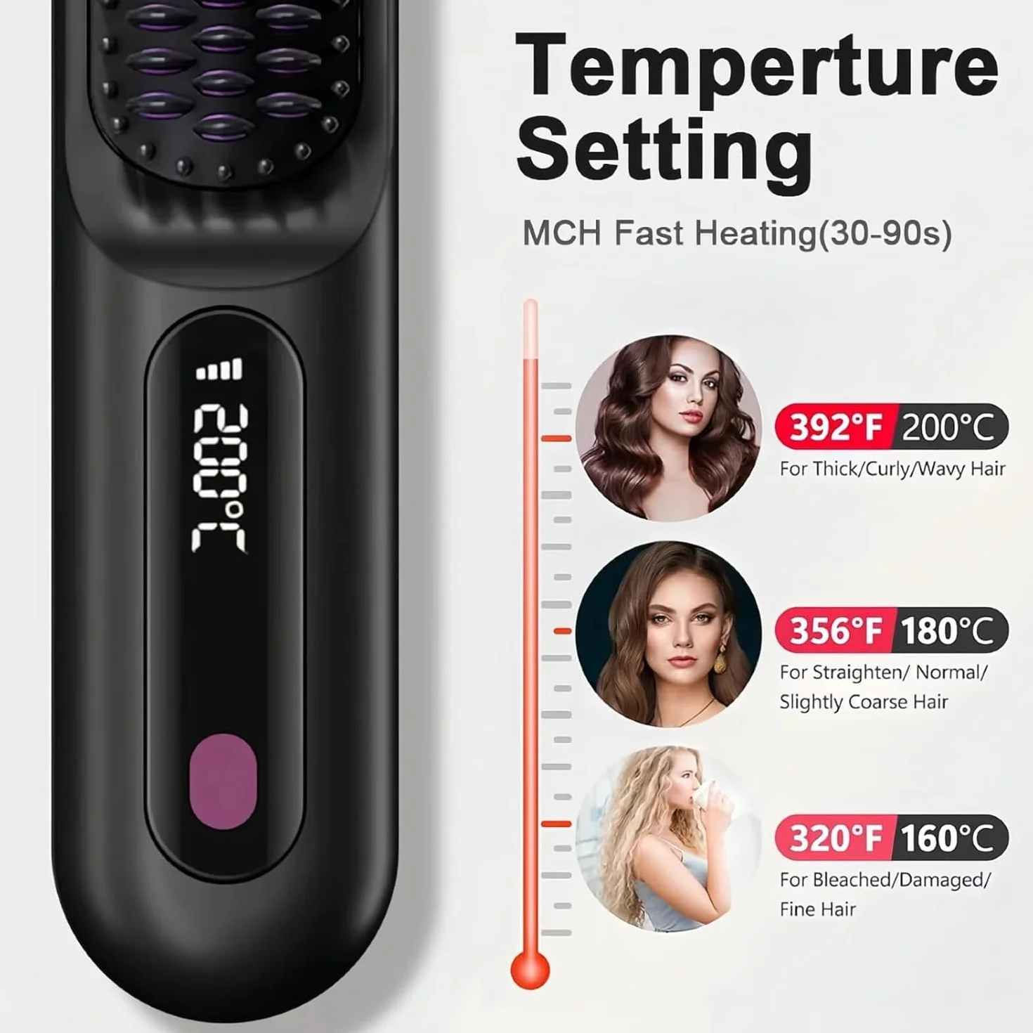 Sans Fil Brosse Lissante Cheveux Court Peigne Chauffant Portable Mini Lisseur Voyage 3 Températures