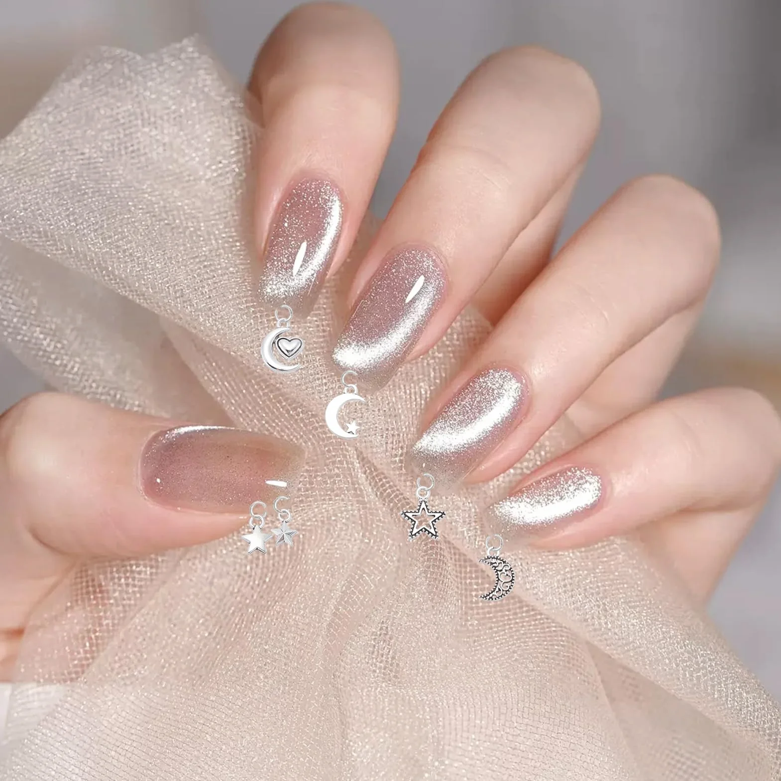 NICENEEDED Breloque Pendante Nail Art 3D Étoile Lune Argentée Anneaux Ongles Alliage Argenté avec Outil Perçage Décoration Artistique