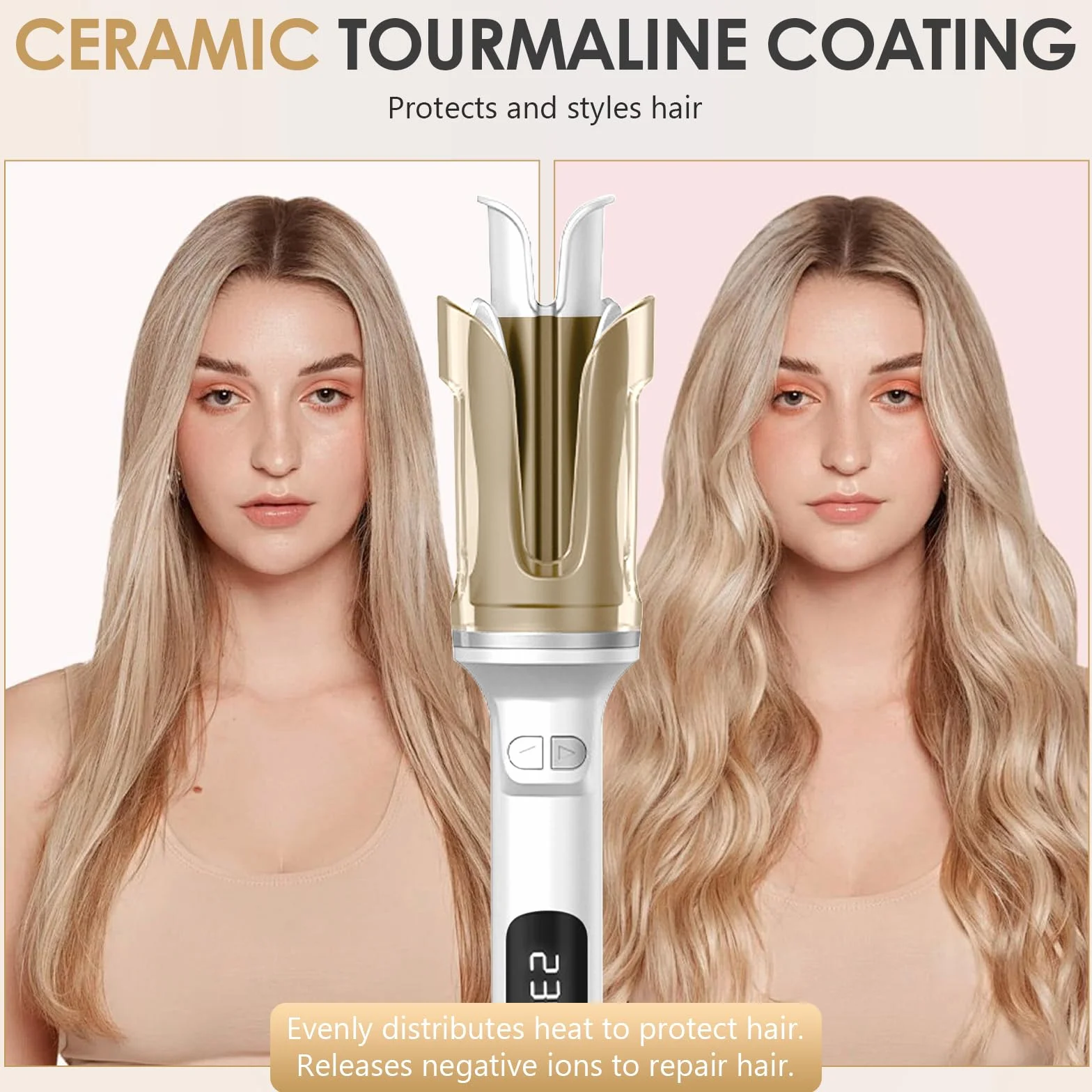 Fer a Boucler Cheveux Automatique, Fer a Friser avec 6 Réglages de Température avec LCD Écran, Friseur Cheveux Femme, Boucleur Céramique pour Cheveux Longs/Courts (Blanc)