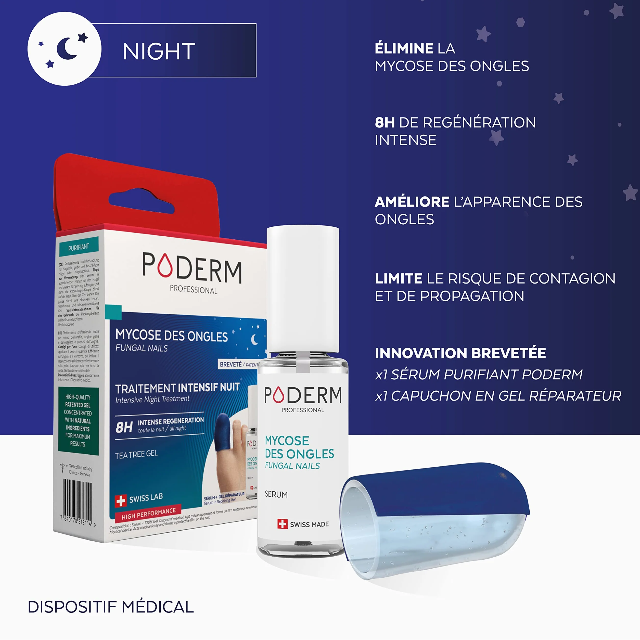 PODERM – MYCOSE ONGLE TRAITEMENT INTENSIF NUIT 2en1 – Élimine la mycose & renouvelle l’ongle pendant votre sommeil |VEGAN | Soin professionnel pied/main | Facile & rapide | Swiss Made