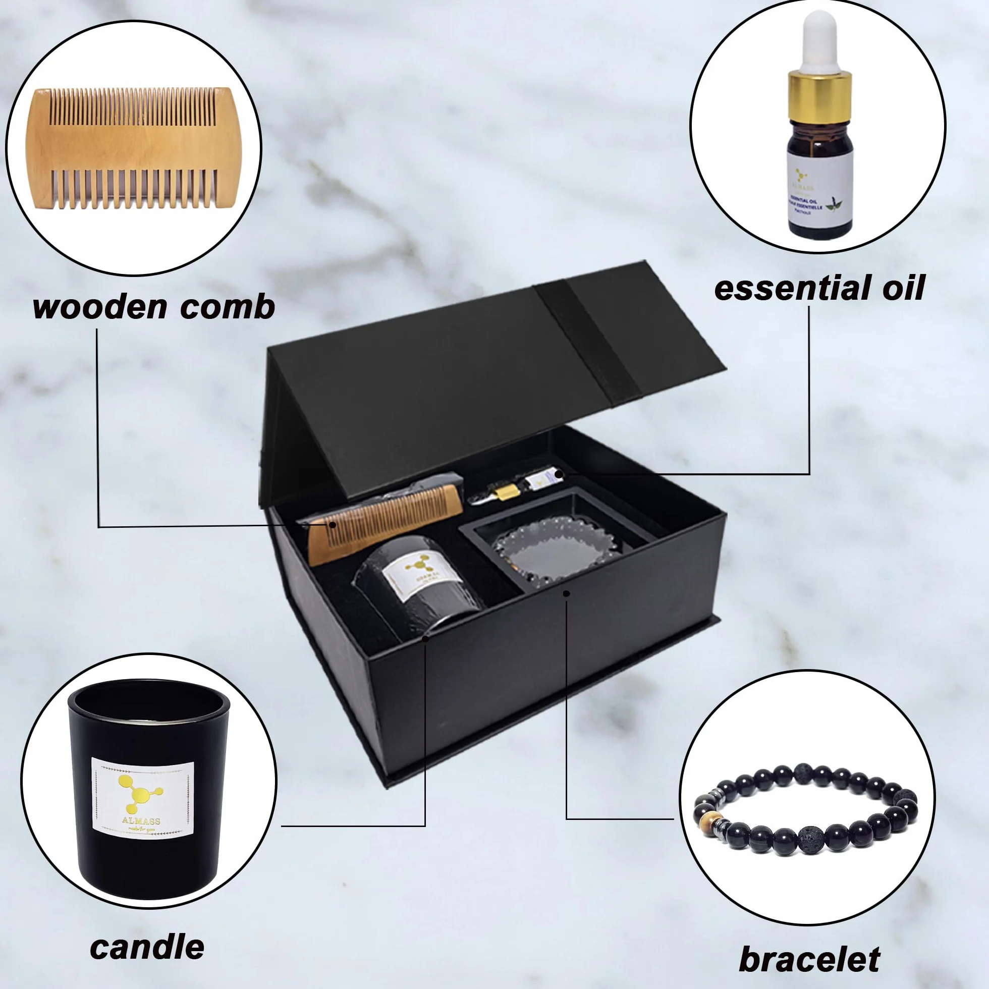 coffret cadeau homme - bijoux homme - ideaa cadeau original : Bougie OUD 100% Naturelle + Bracelet pierres Naturelle Diffuseur huile essentielle + 5ml PATCHOULI+ Peigne en Bois