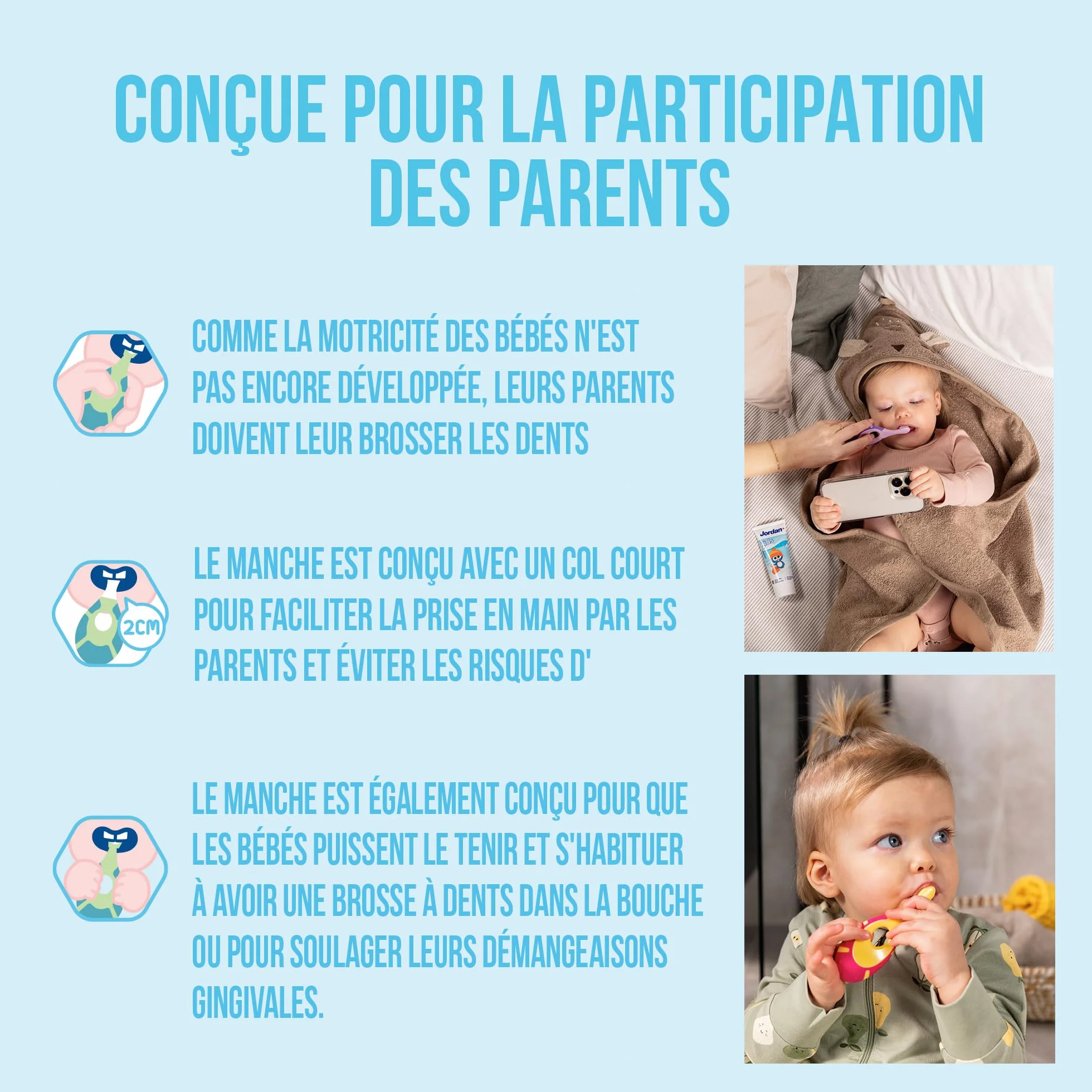 Jordan Brosse à dents bébés 0-2 ans poils extra doux anneau morsure gencives Bleu Vert 4 unités