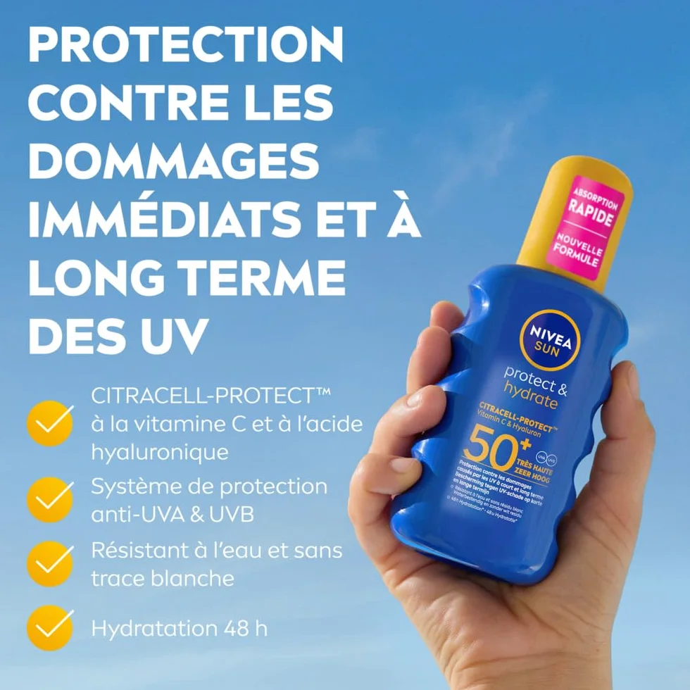 NIVEA SUN Spray Solaire Protect & Hydrate SPF 50+ 200 ml Protection Solaire Haute Protection Visage Corps