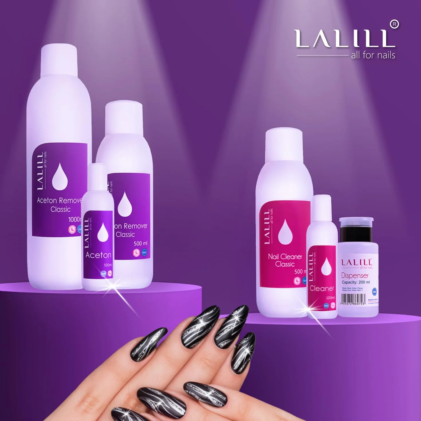 LALILL Cleaner Ongles Dégraissant 500ml Kit - Nettoyant pour Ongles avec Flacon Pompe 200ml, 500 Pads et Brosse