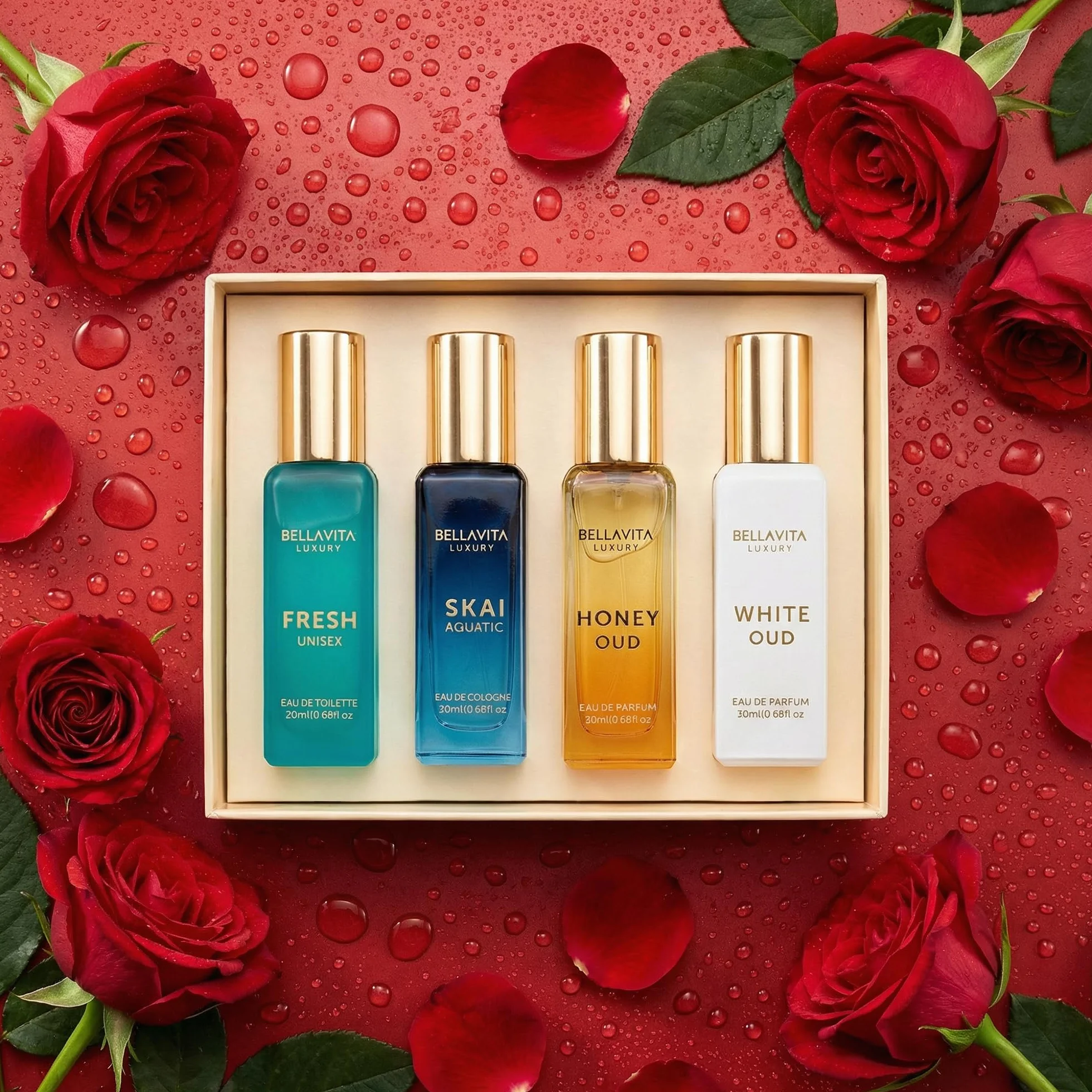 Bellavita Coffret cadeau unisexe de luxe avec miel oud, oud blanc, frais et skai | Senteurs aquatiques fruitées de vanille avec des notes de miel et de bergamote | 4 x 20 ml de parfum unisexe | Cadeau