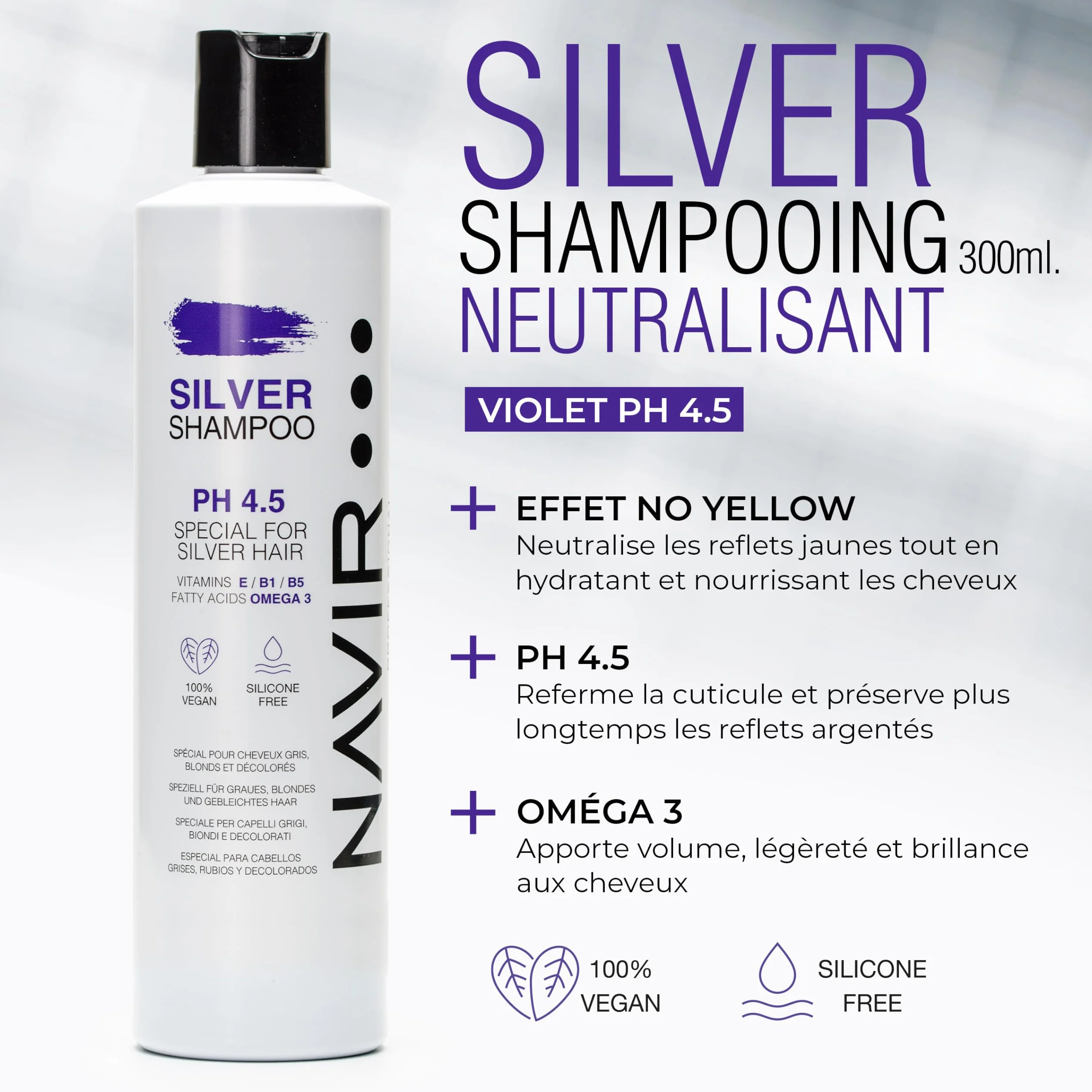 NAVIR Silver Traitement déjaunisseur professionnel pour cheveux blonds, décolorés, méchés, blancs et gris | Shampooing 300 ml + Masque 250 ml