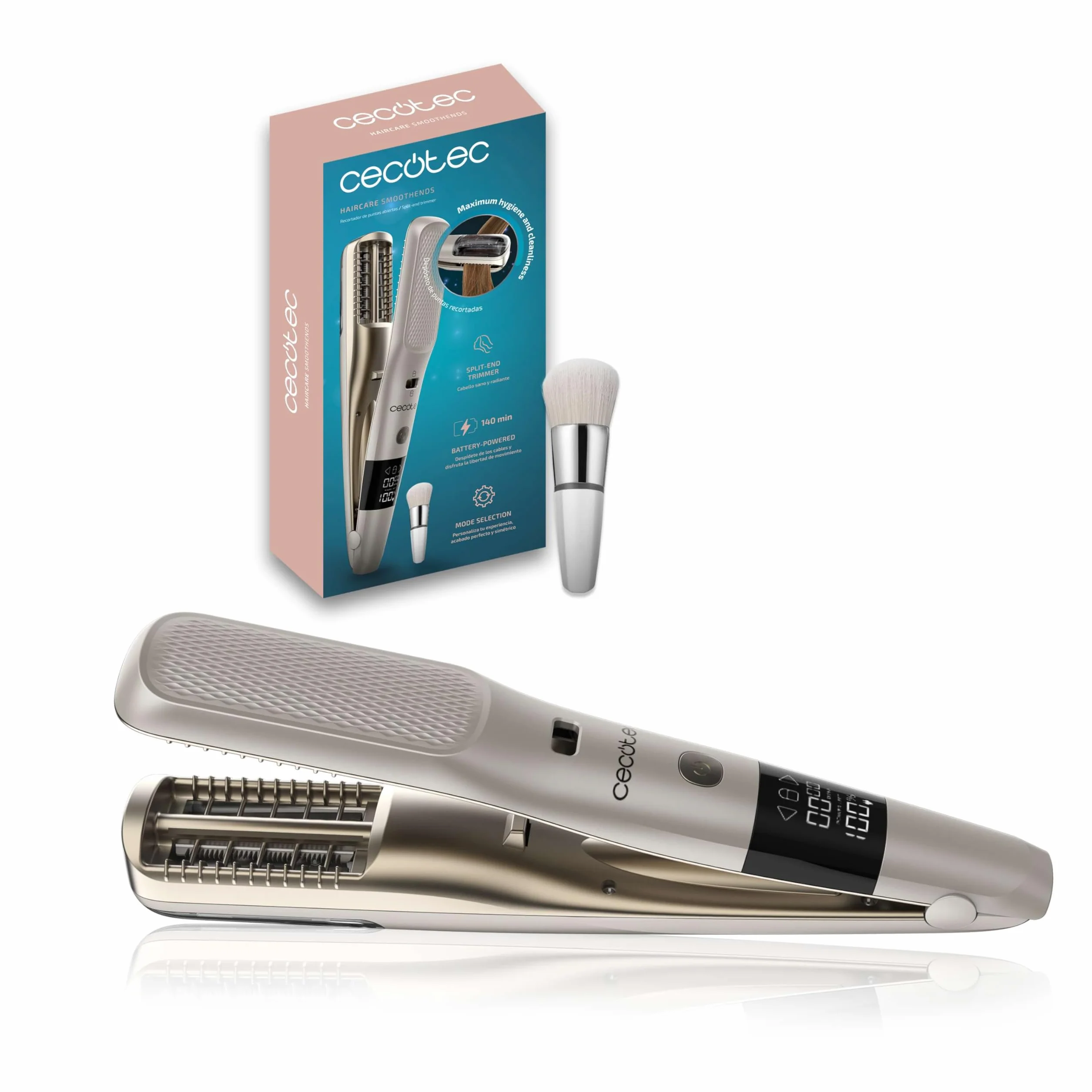 Cecotec Coupe-Pointes, Éliminateur de Pointes Fourchues Sans Fil HairCare SmoothEnds. Cheveux Sains et Brillants, Utilisation sur Batterie, Autonomie 140 min, Réservoir, Brosse de Nettoyage Incluse