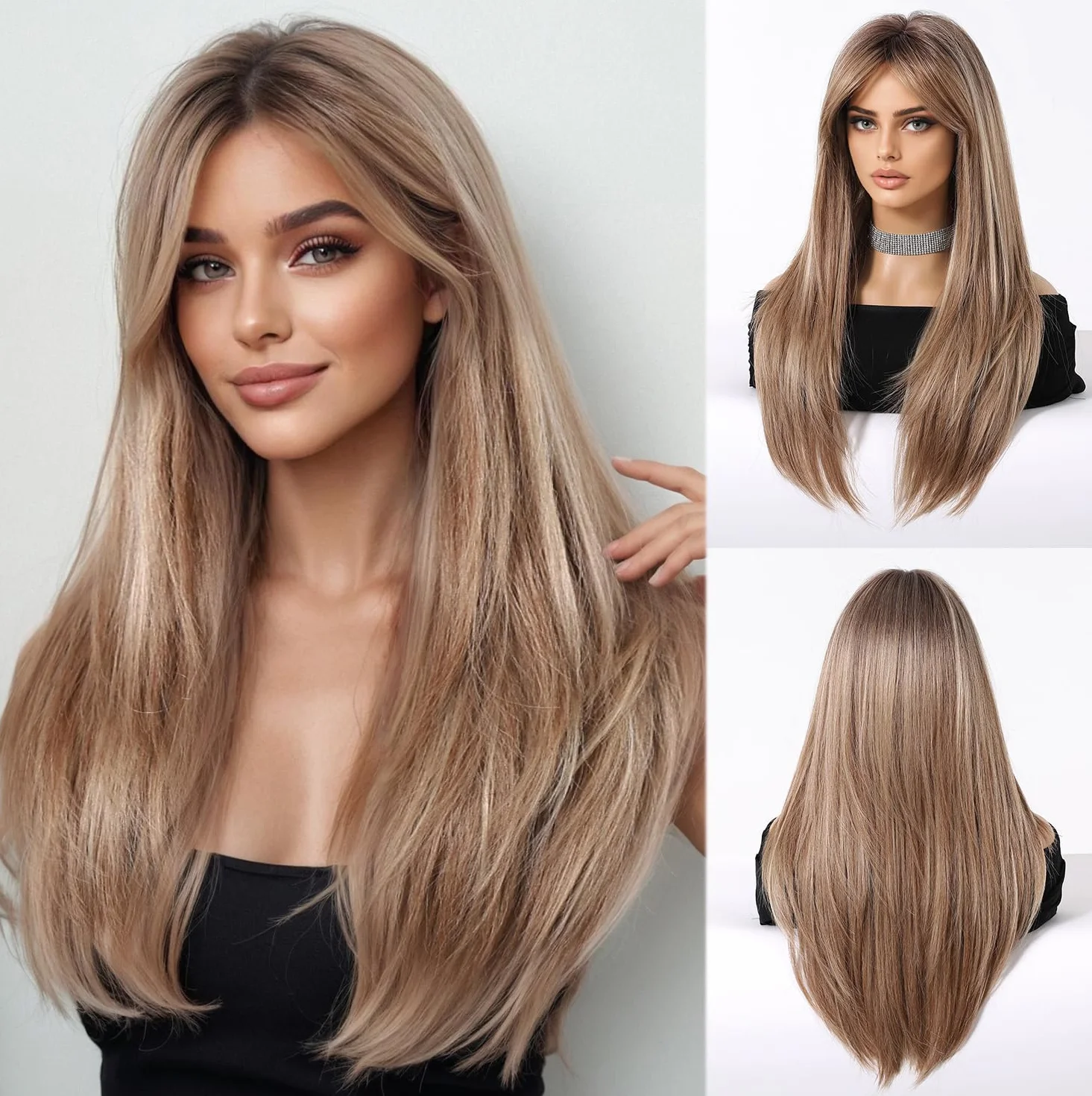 Esmee Perruque Blond Cendré Longue et Droite pour Femmes Perruque à Frange en Cheveux Synthétiques pour Soirée Cosplay Quotidienne