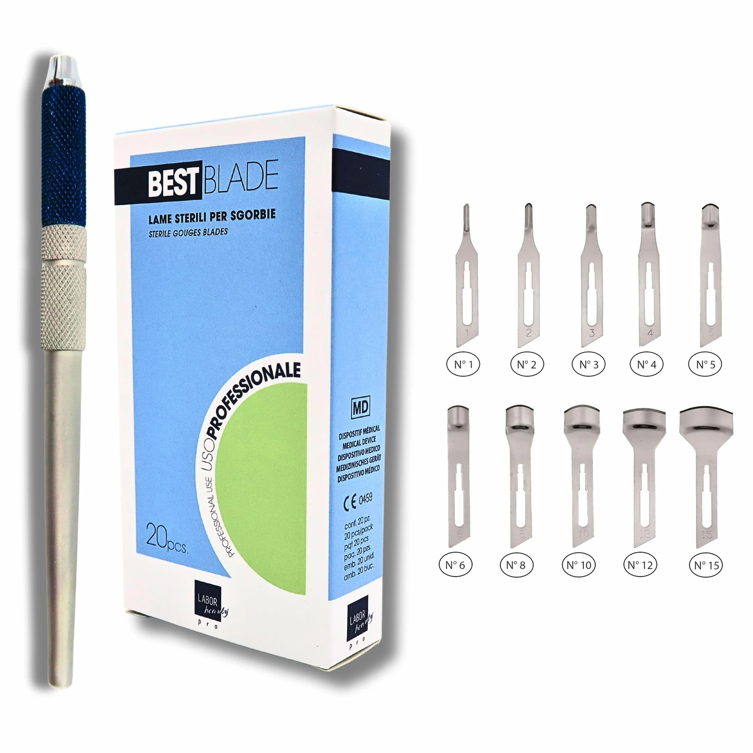 Lame de gouge Best Blade + Manche porte-lame en aluminium avec fermeture à vis – Kit de démarrage pour pédicure professionnelle – 20 lames assorties 2x(taille 1,2,3,4,5,6,8,10,12,15)