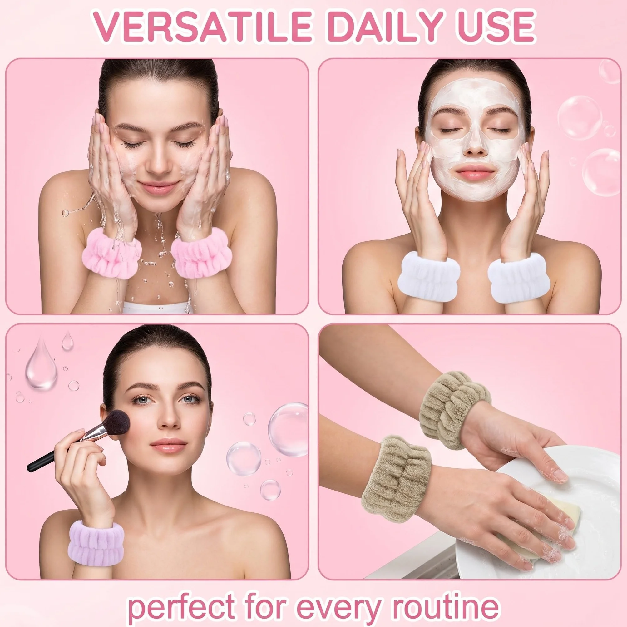 Bandeau Poignet Lavage Visage Microfibre Douce Anti-Goutte 4 Couleurs Blanc Rose Lilas Kaki