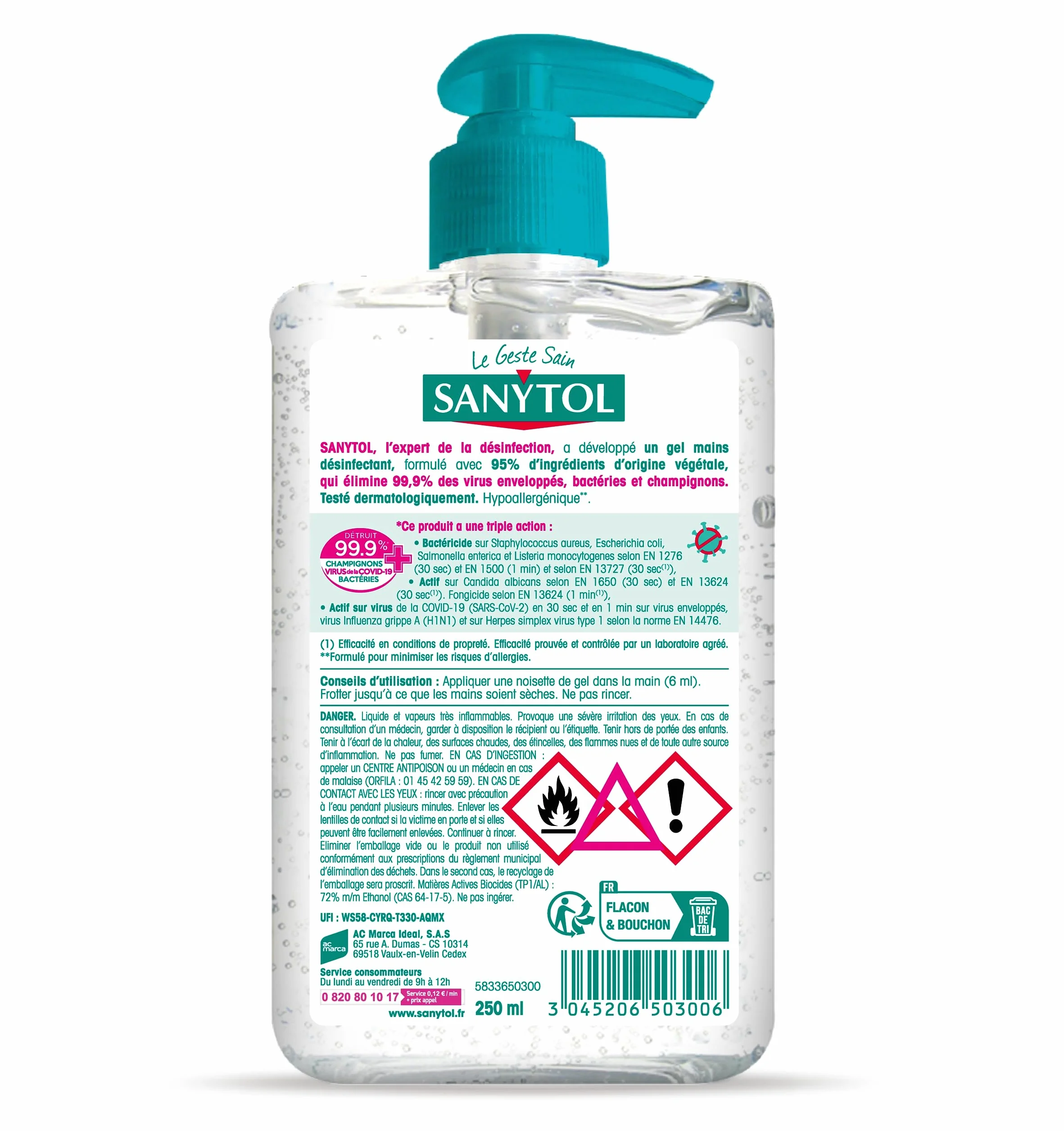 Sanytol Gel Mains Désinfectant Thé Vert 250 ml Lot de 3 Bactéricide Virucide Fongicide