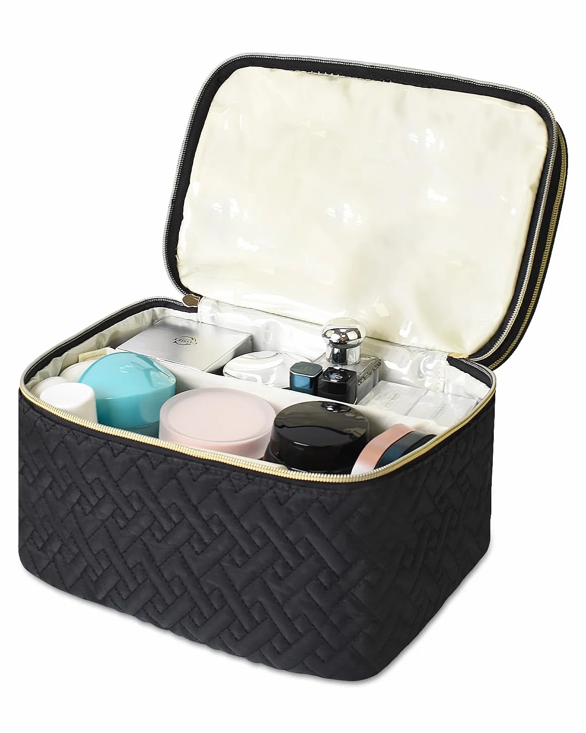 Trousse de Toilette Femme Grande Double Couche avec Compartiment à Pinceaux, Résistante à l'Eau, Noir