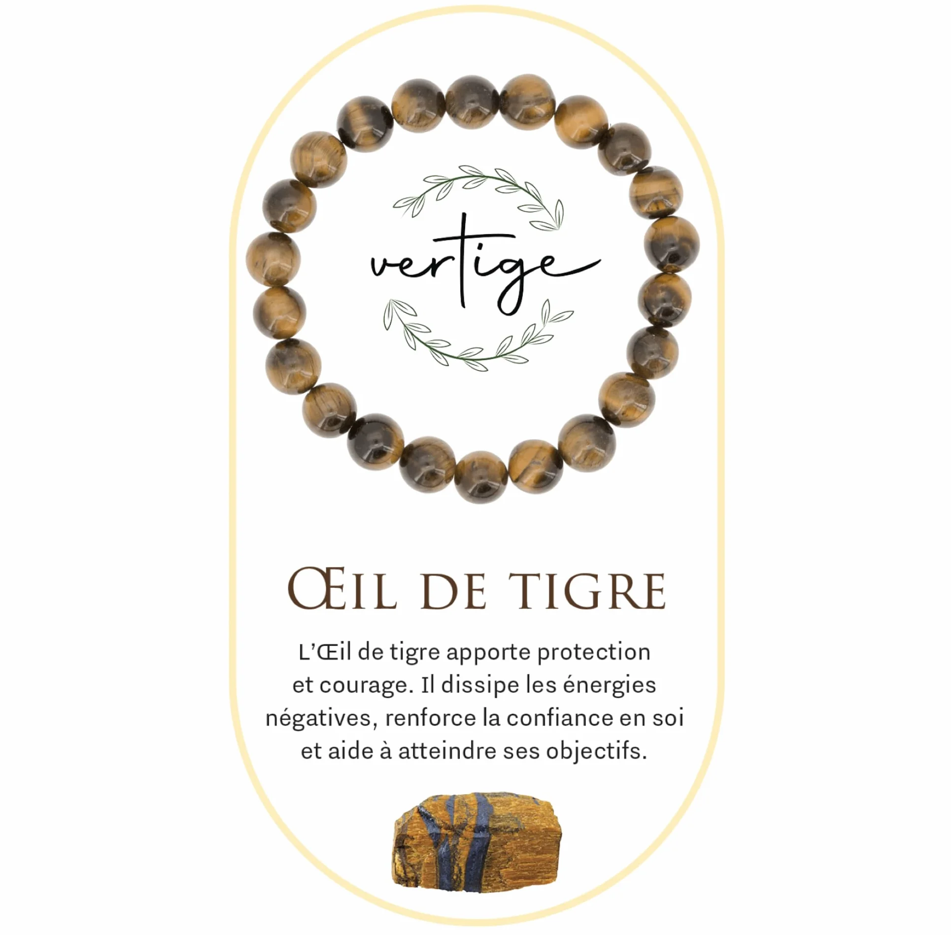 VERTIGE Bracelet Œil de Tigre 8mm Minérales Lithothérapie Ambition Confiance