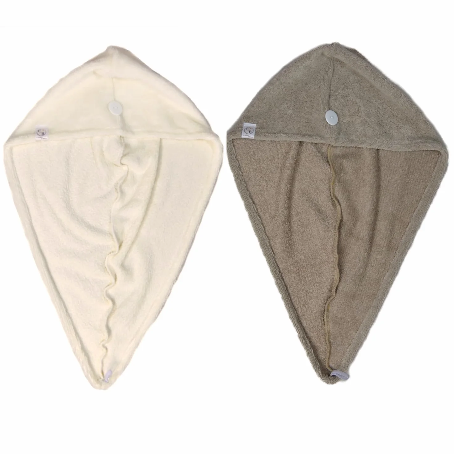 Serviette Cheveux Micro-éponge Bambou x2 - Absorbante Douce Séchage Rapide Turban Fixation Bouton Fabrication française Ecru Cappuccino