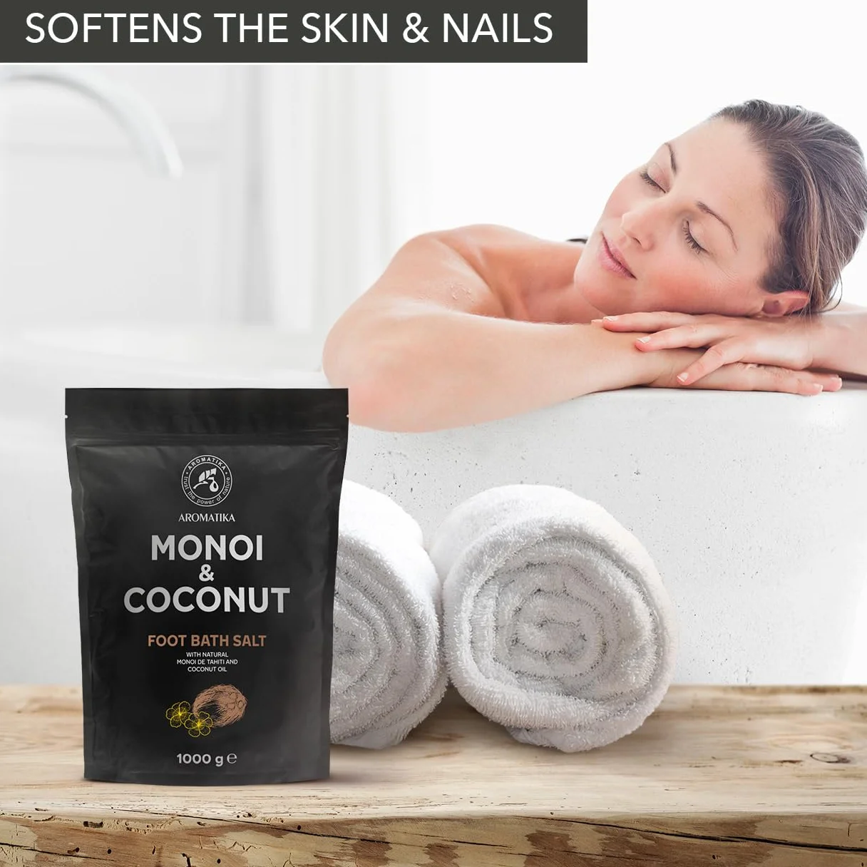 Sel de Bain pour Pieds Monoï de Tahiti & Coco 1000g - Huile de Monoï de Tahiti et Coco - Bain pour Pieds au Sel de Mer Naturel - Aromathérapie