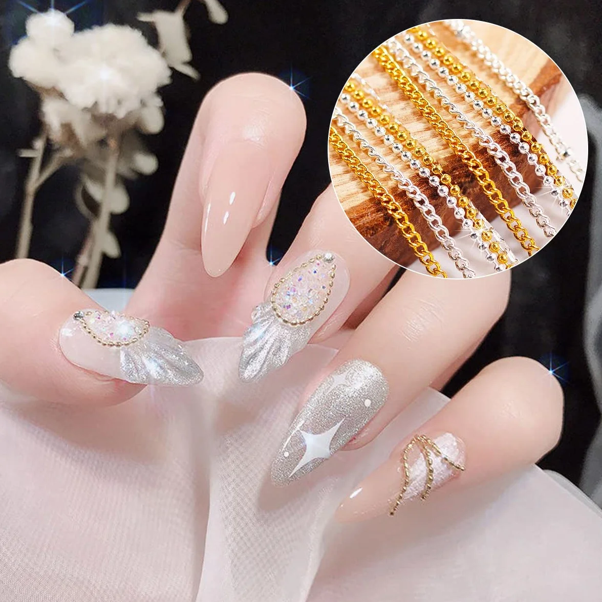Lot de 4 chaînes à ongles métal doré argenté 1 m, pendentifs 3D nail art