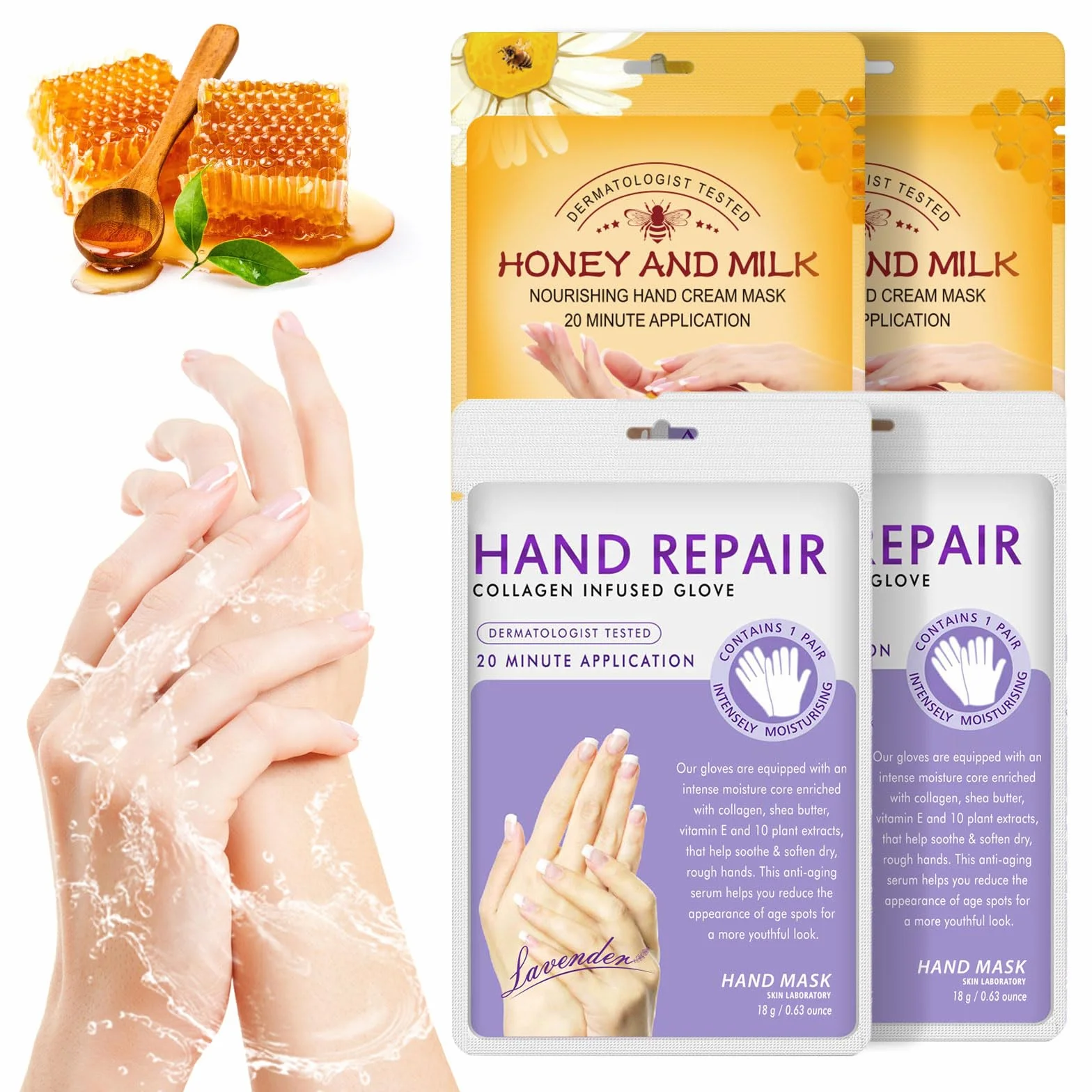 Gants de Masque Hydratants Exfoliants au Miel avec Collagène, Anti-âge, Réparation de Peau Rugueuse (Lavande et miel)