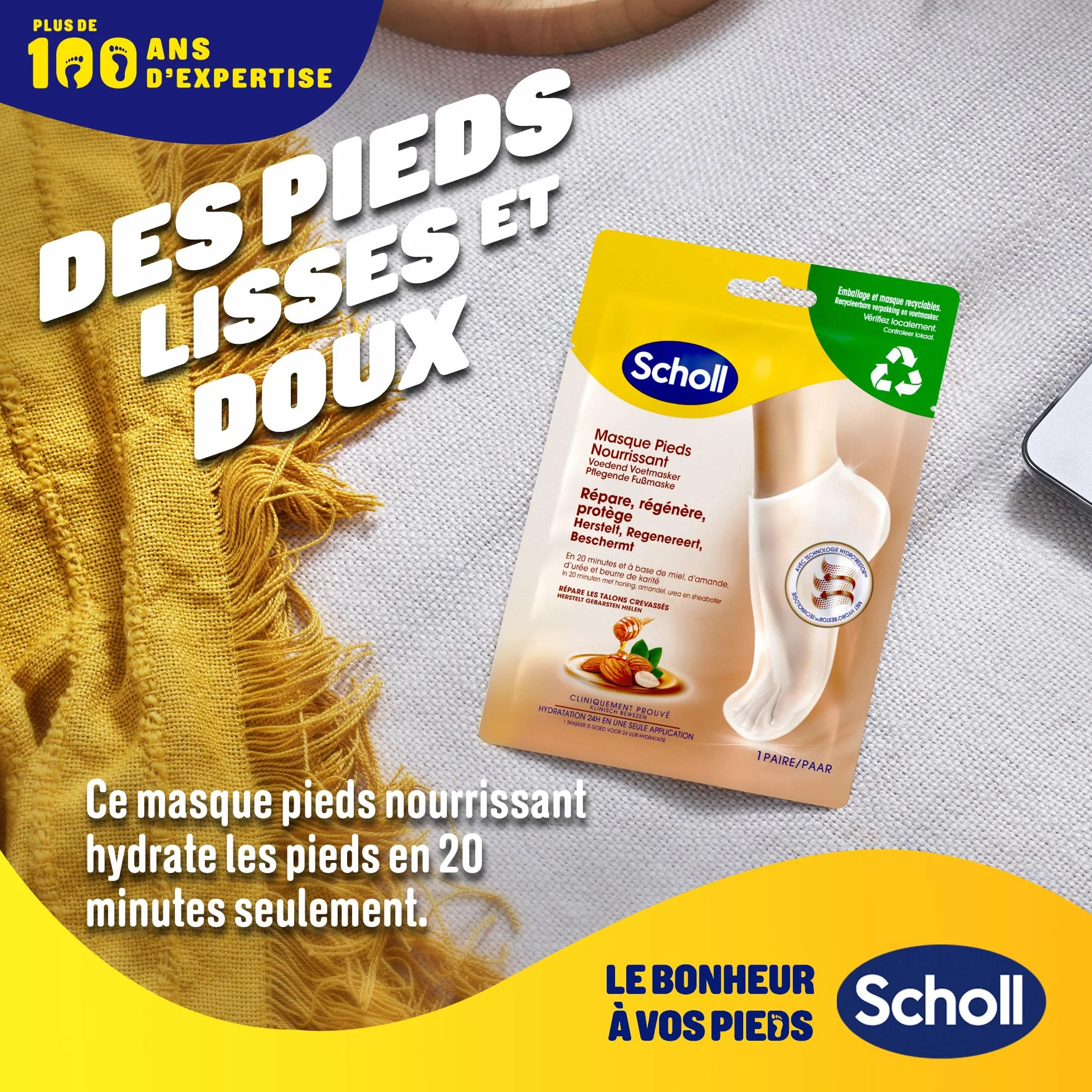 Dr. Scholl's Masque Pieds à l'Amande et au Miel pour peaux sèches - Chaussettes de soin hydratantes 1 paire