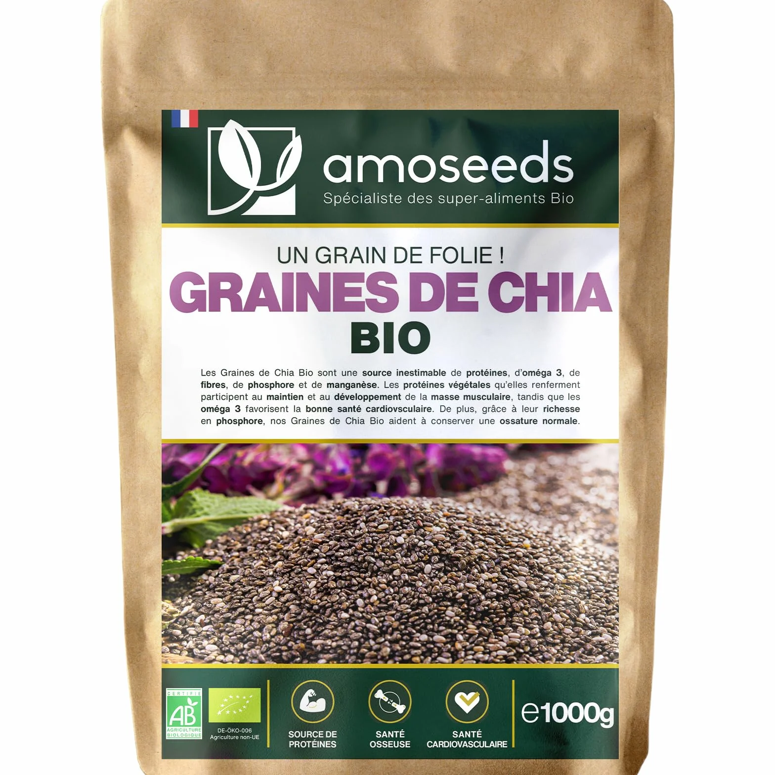 Graines de Chia Bio 1KG Salvia Hispanica Protéines Oméga 3 Fibres